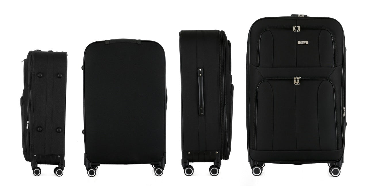 Four black suitcases of different sizes on a white background