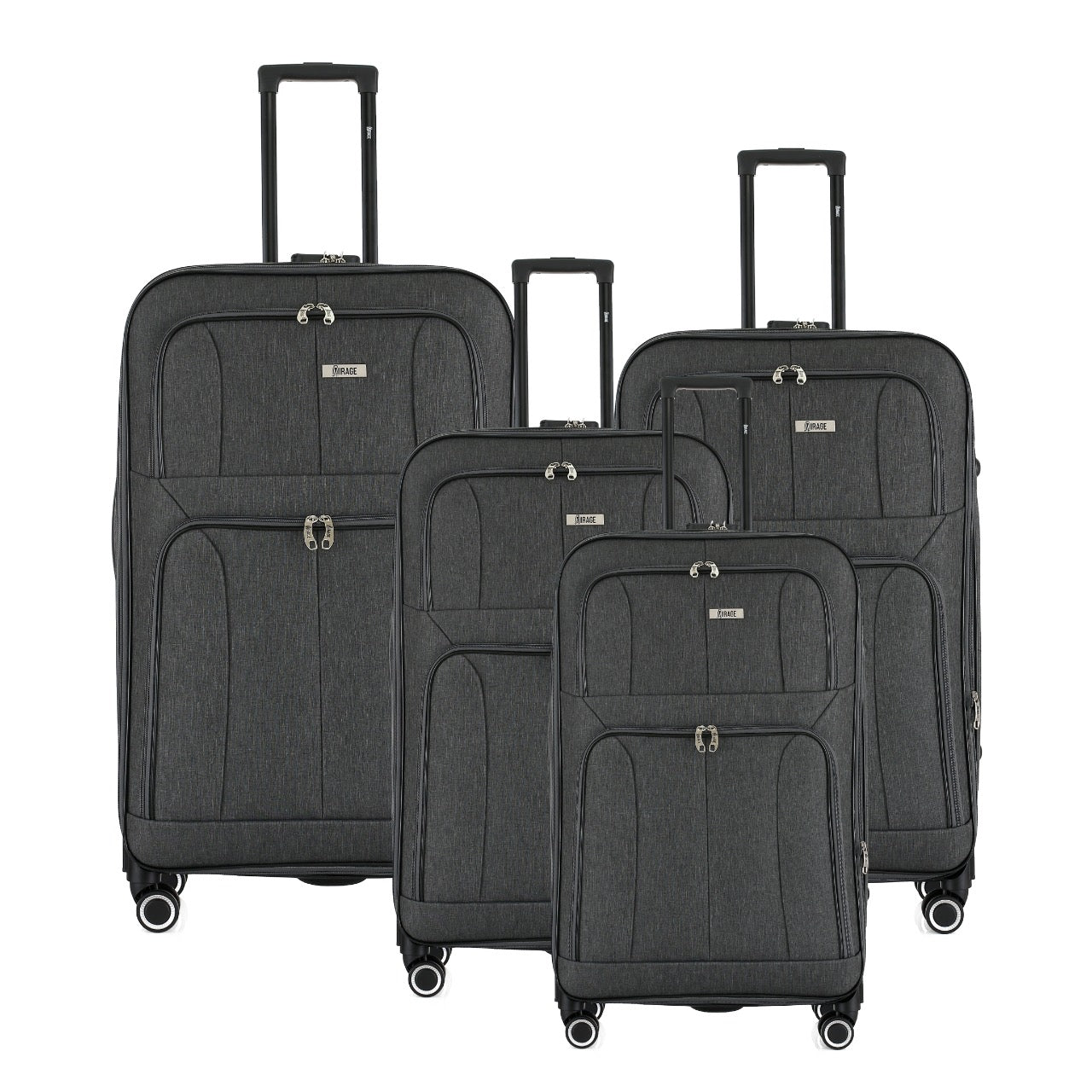 Set of four black suitcases of different sizes on a white background