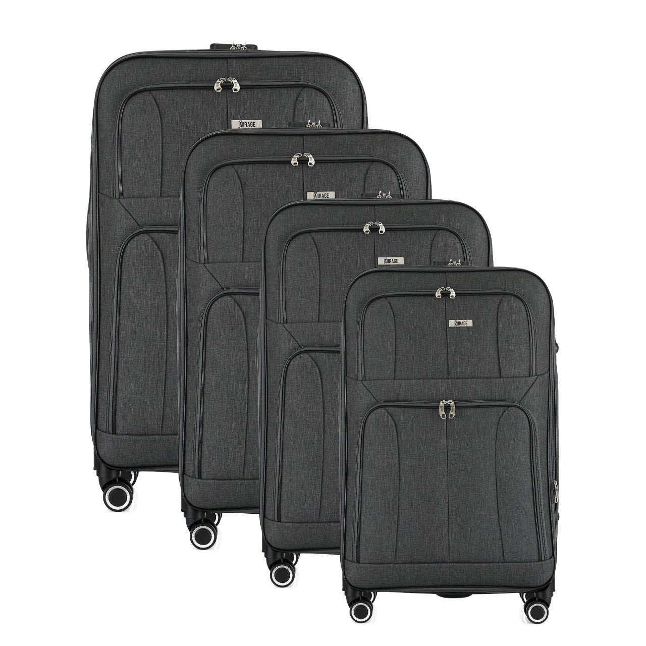 Set of four black suitcases of different sizes on a white background