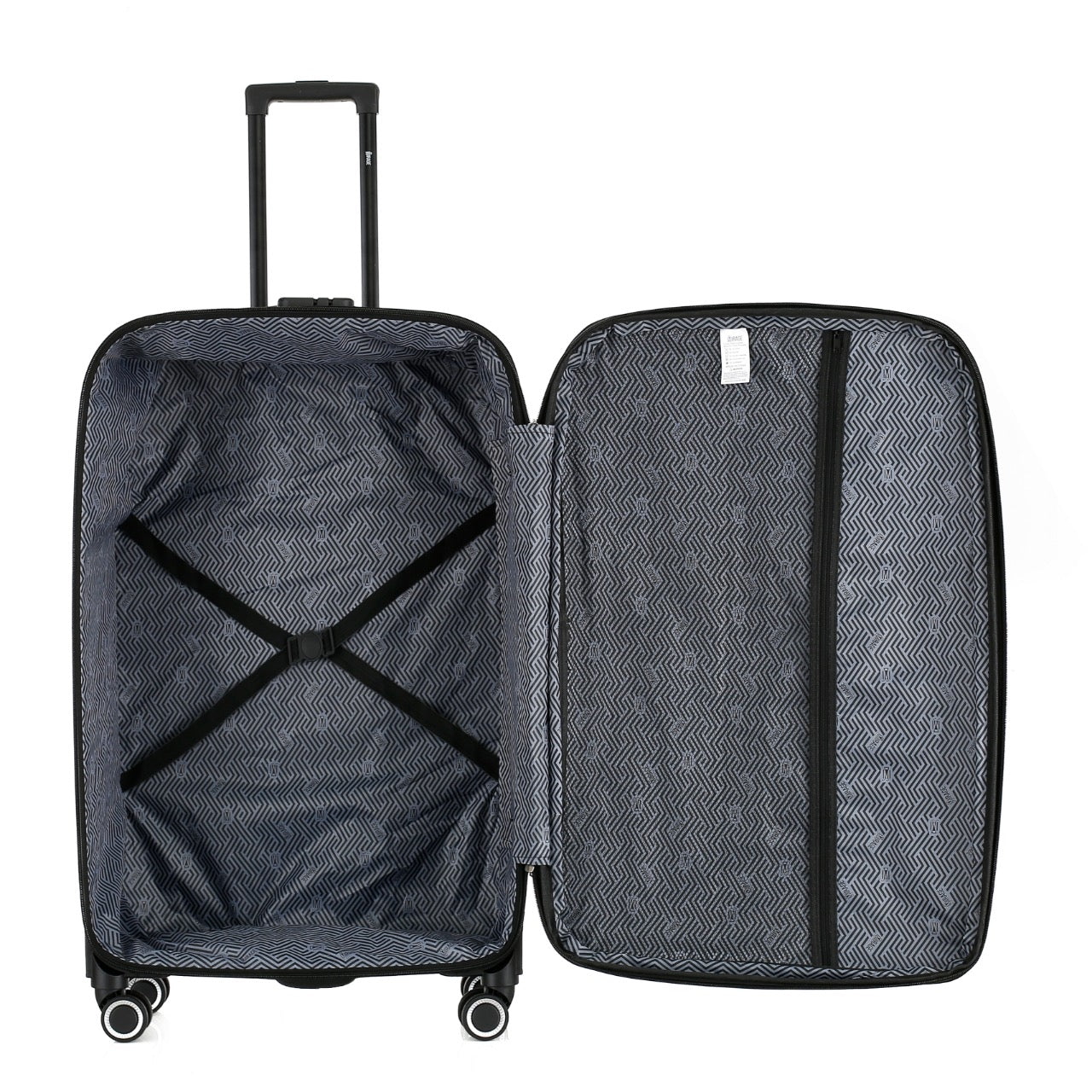 Open gray suitcase with interior structure on a white background