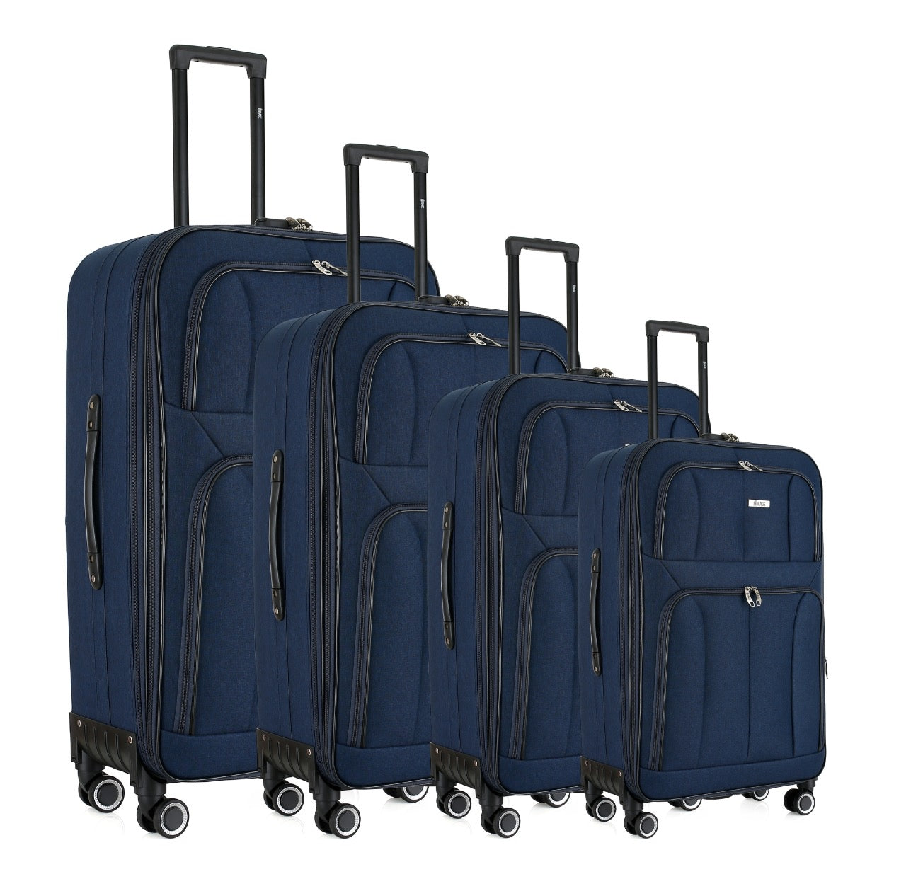 Set of four blue suitcases of different sizes on a white background