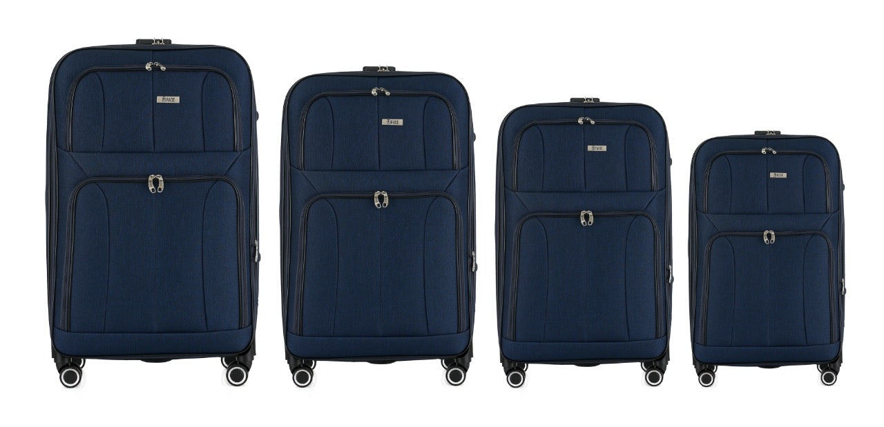 Four navy blue suitcases of different sizes on a white background