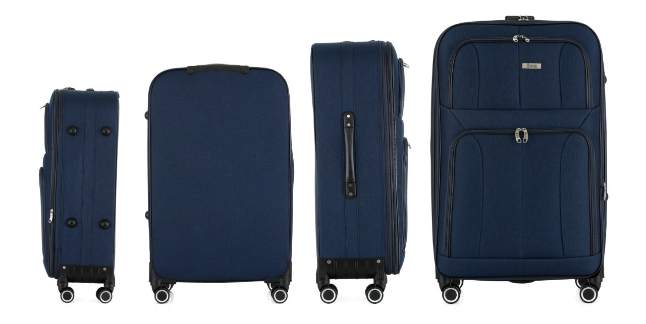 Set of four navy blue suitcases of different sizes on a white background