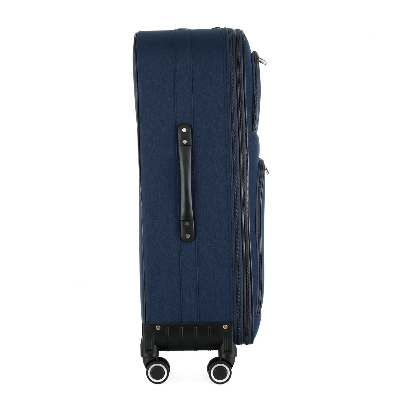 Blue suitcase with a black handle on a white background