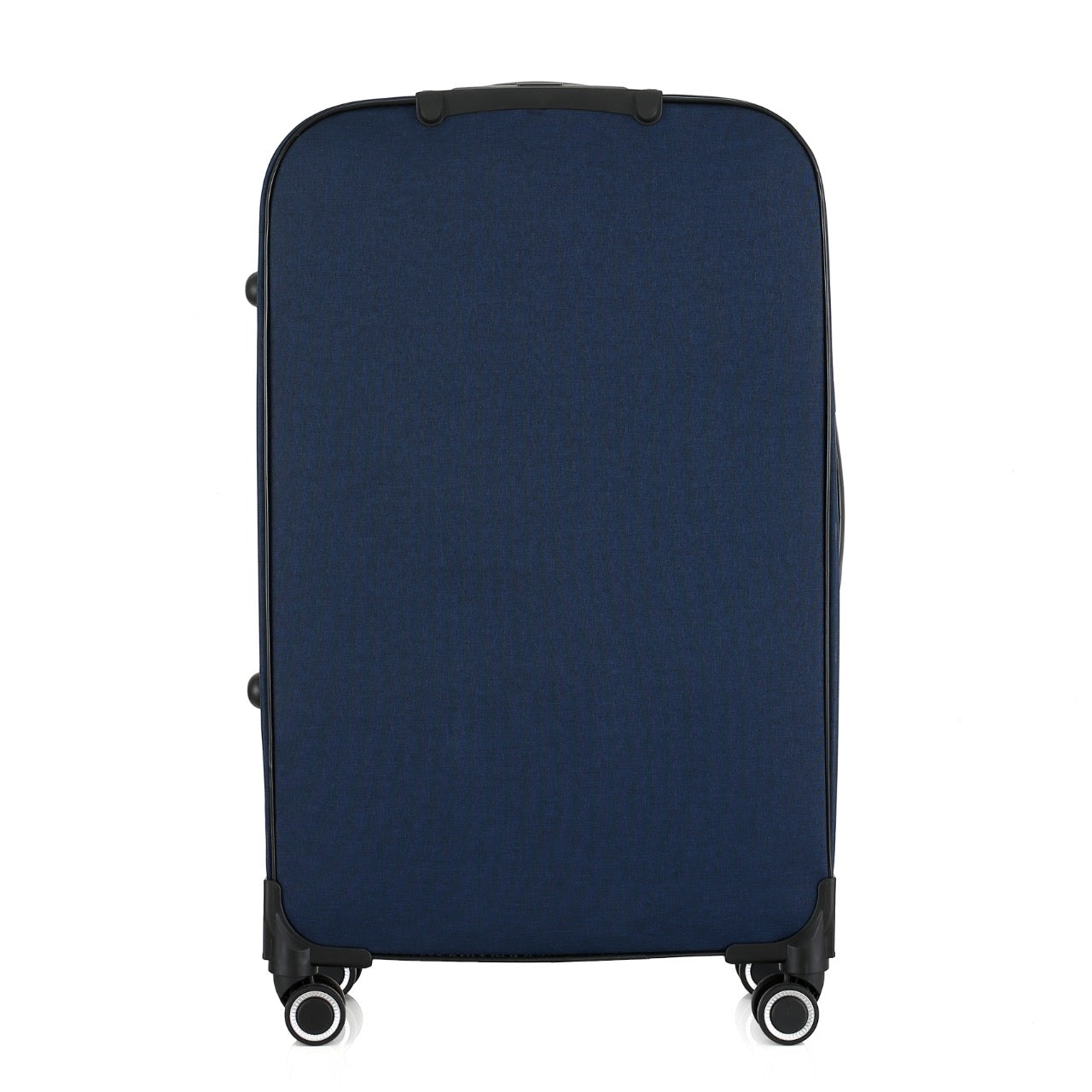 Blue suitcase with black wheels on a white background