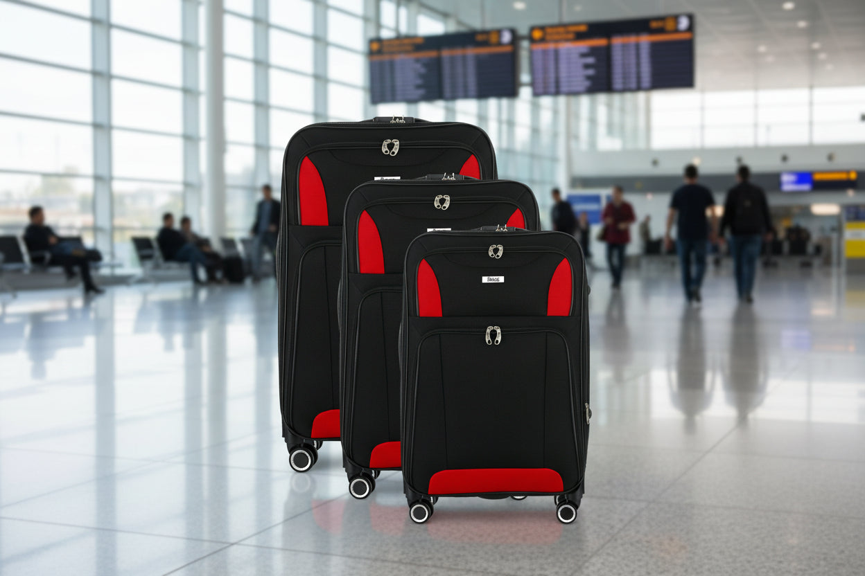 Three black suitcases with red accents on a white background