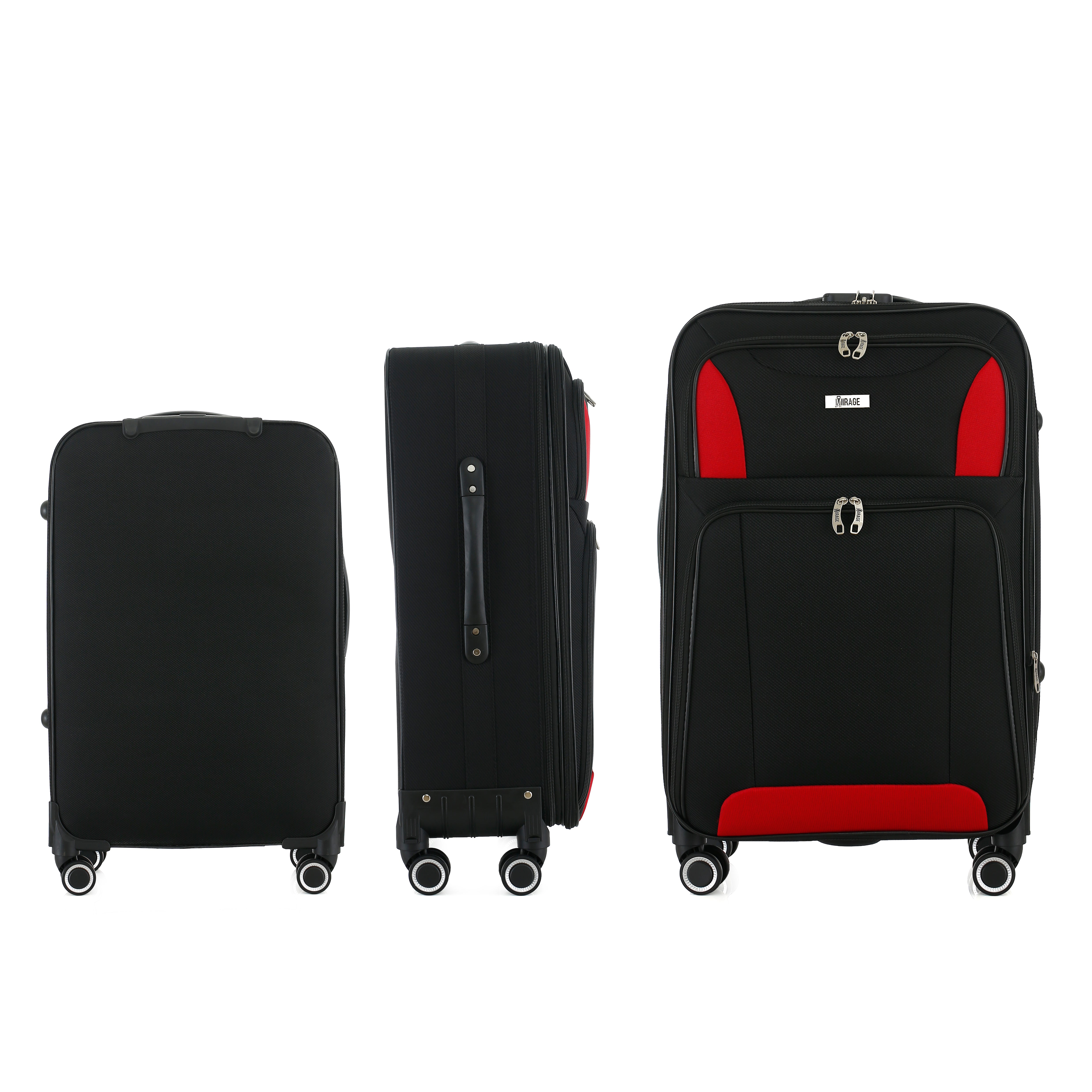Set of three black suitcases with red accents on a white background