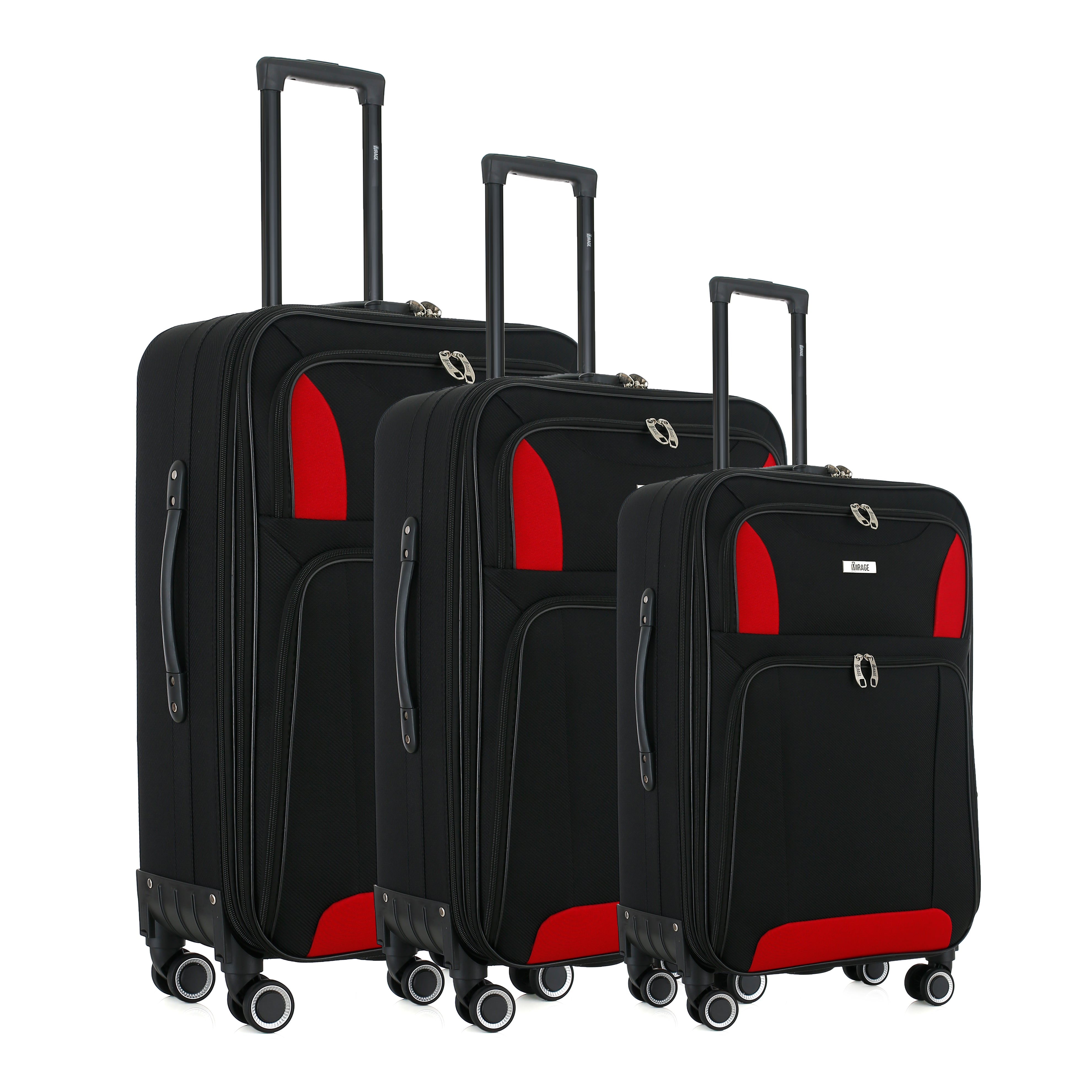 Three black suitcases with red accents on a white background