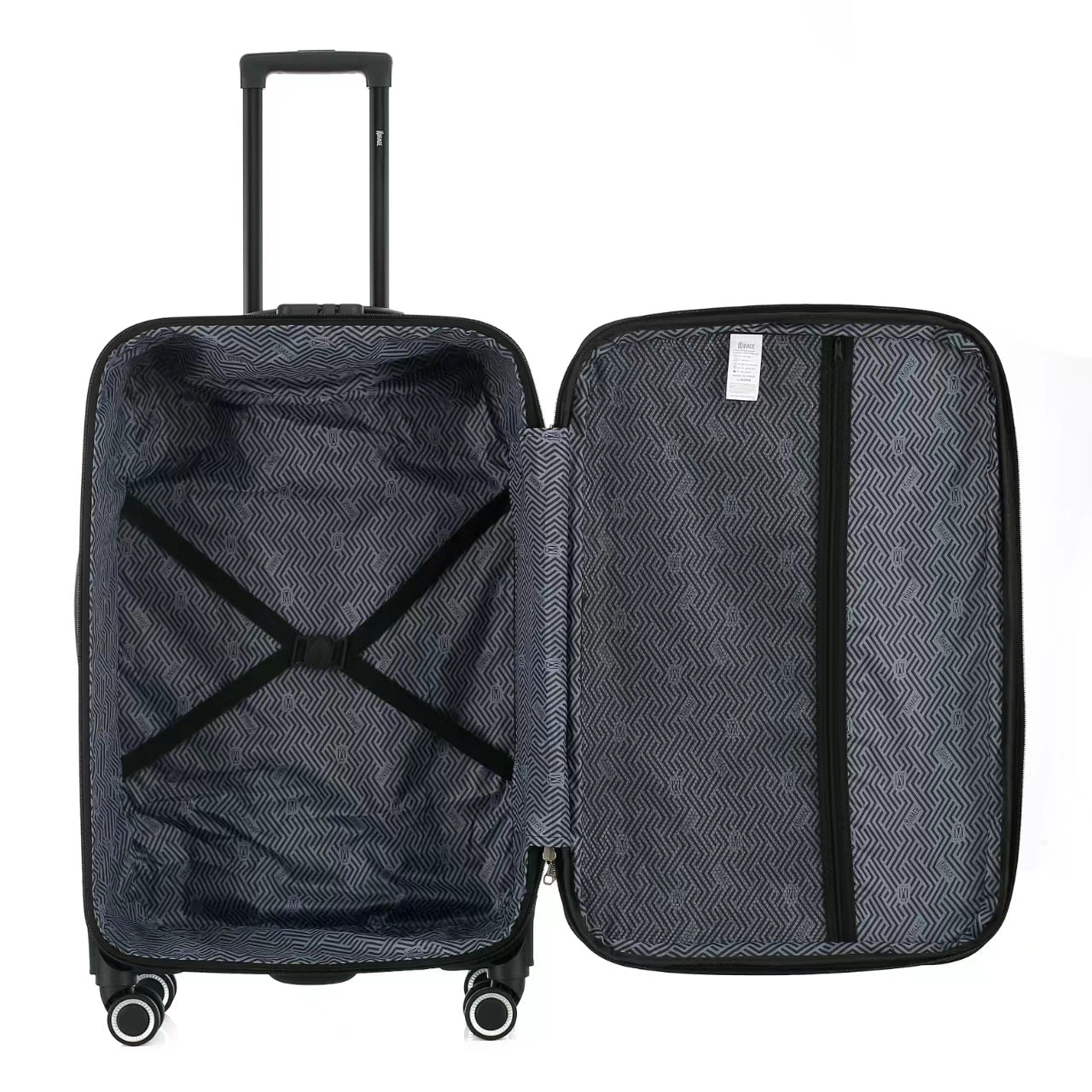 Open black suitcase with interior details on a white background