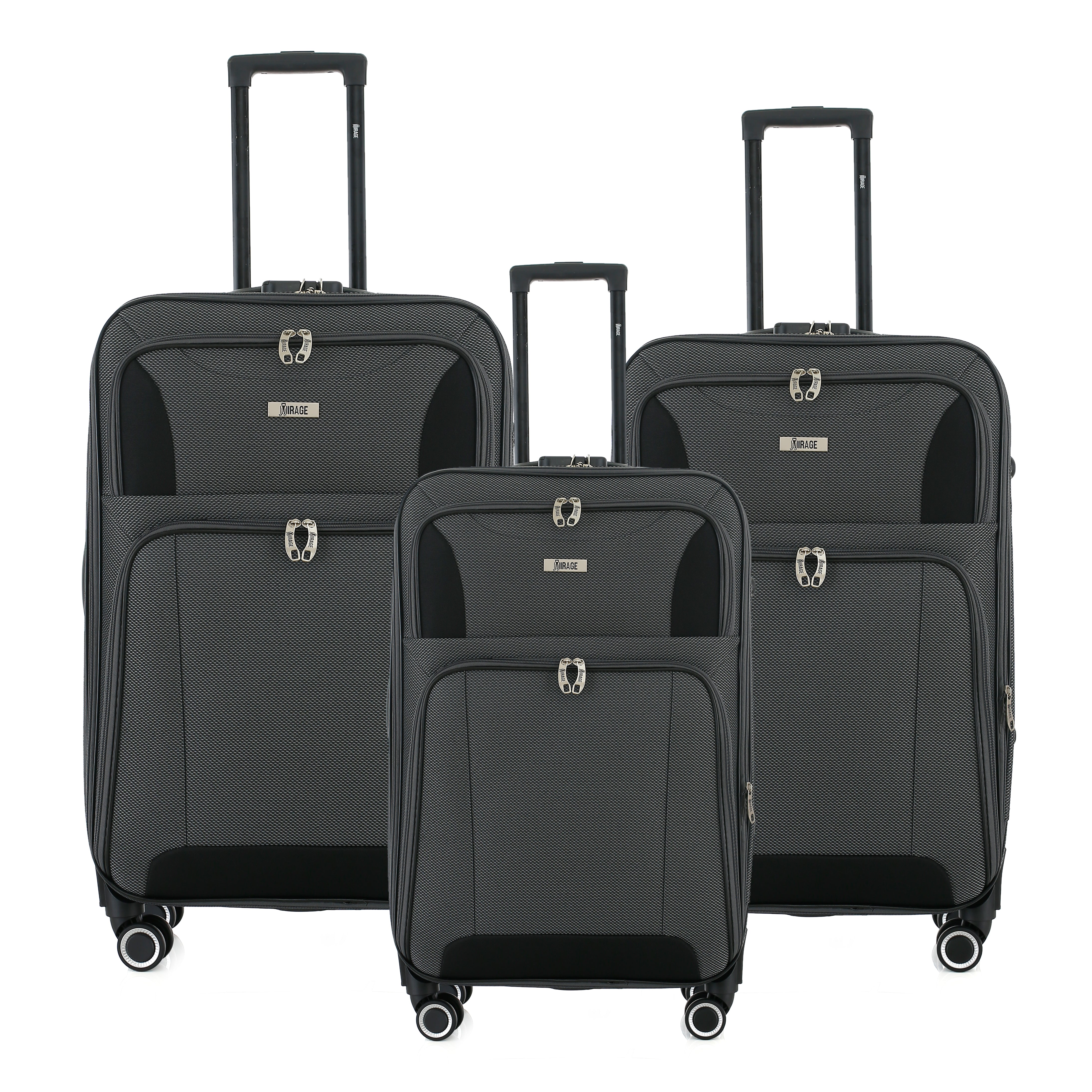 Set of four black suitcases of different sizes on a white background
