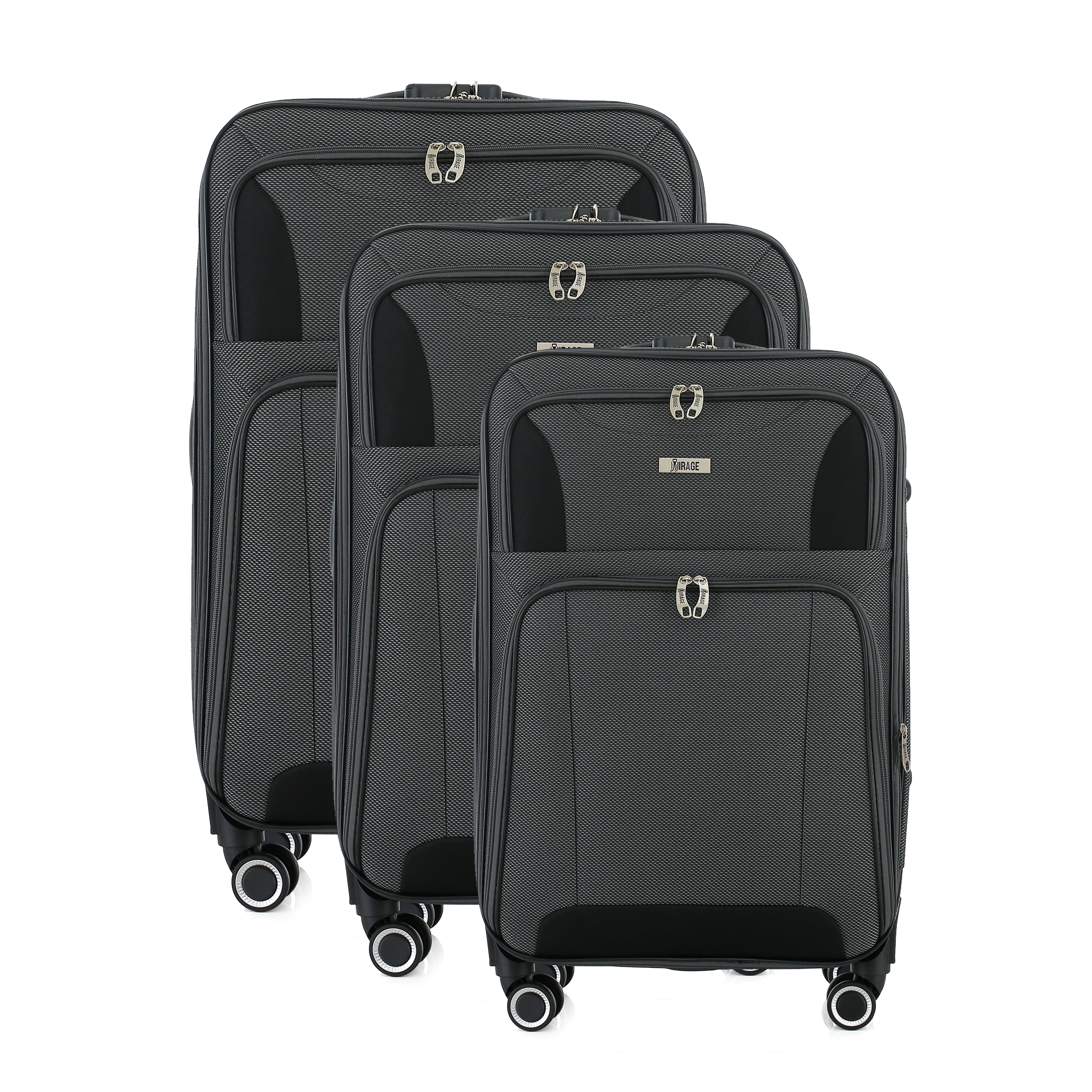 Set of three black suitcases of different sizes on a white background