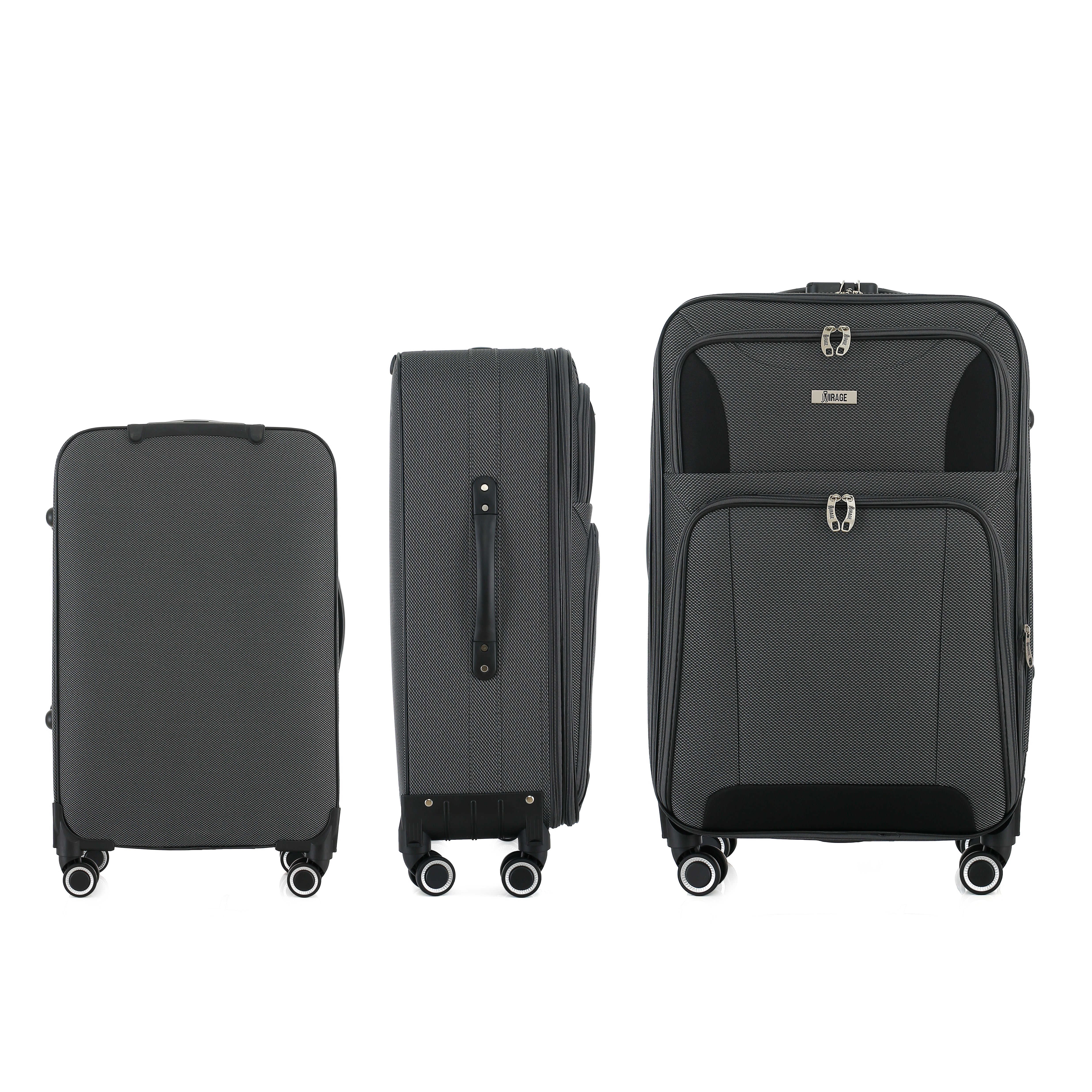 Three black suitcases of different sizes on a white background