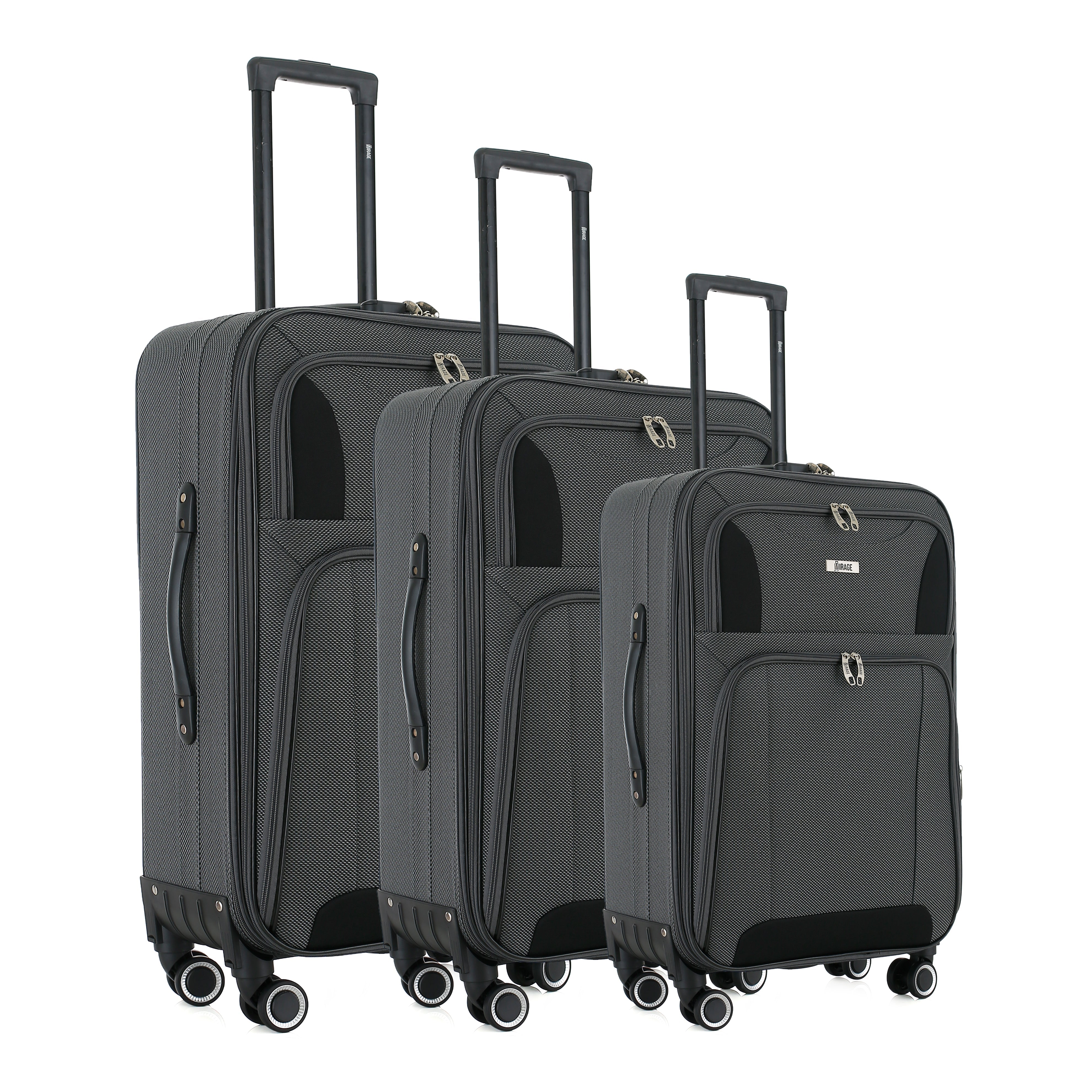 Three gray suitcases of different sizes on a white background