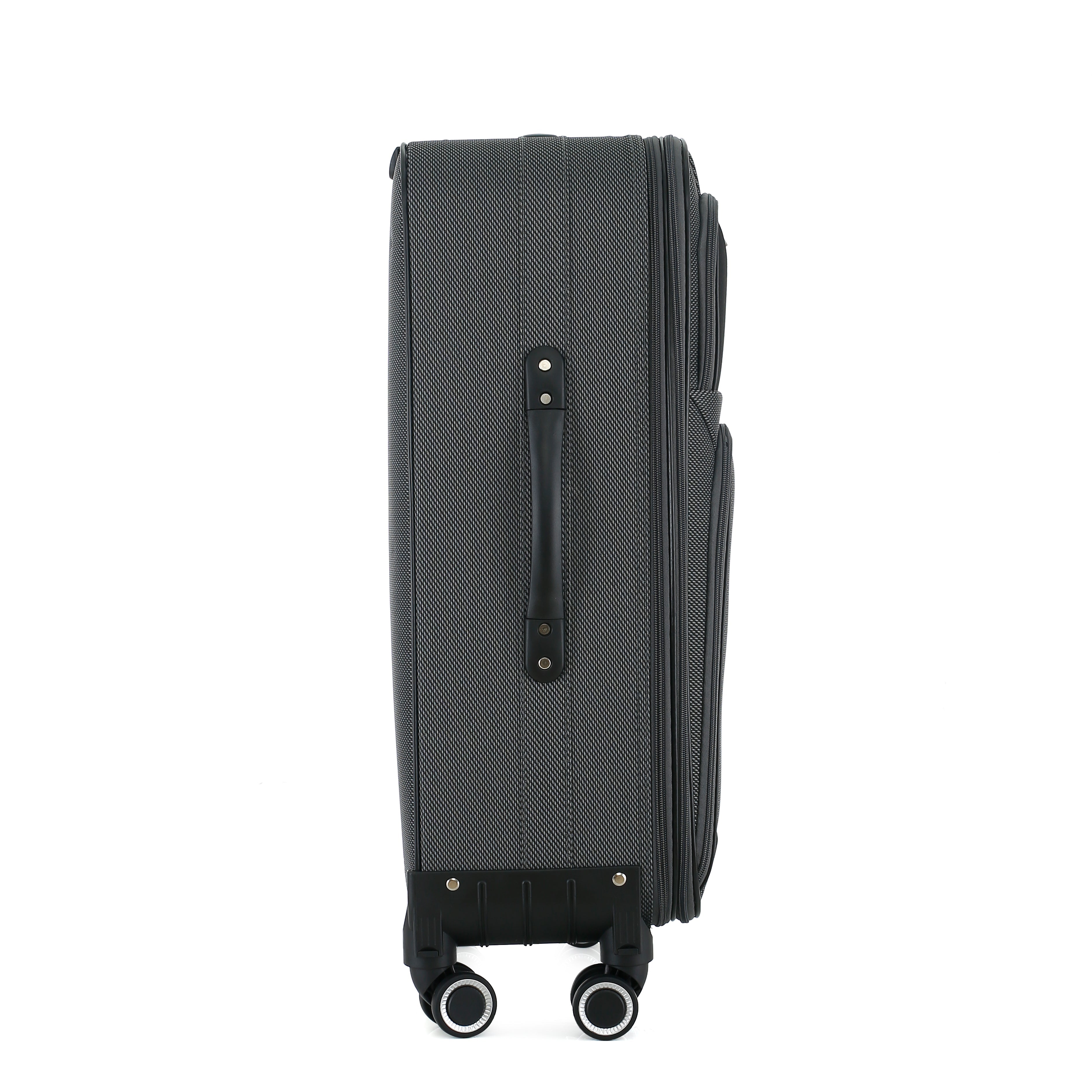 Black suitcase with wheels on a white background