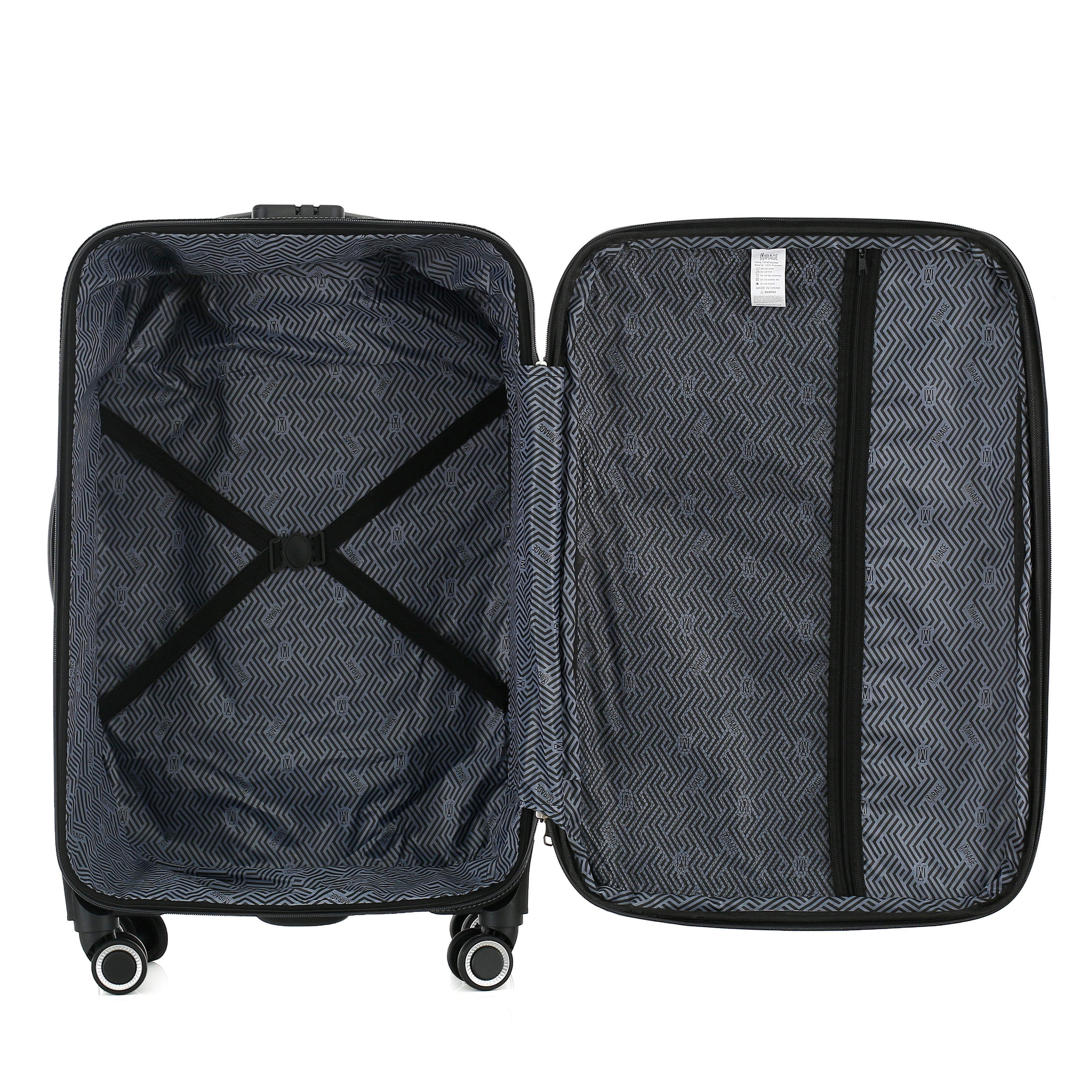 Open gray suitcase with interior and exterior patterns on a white background