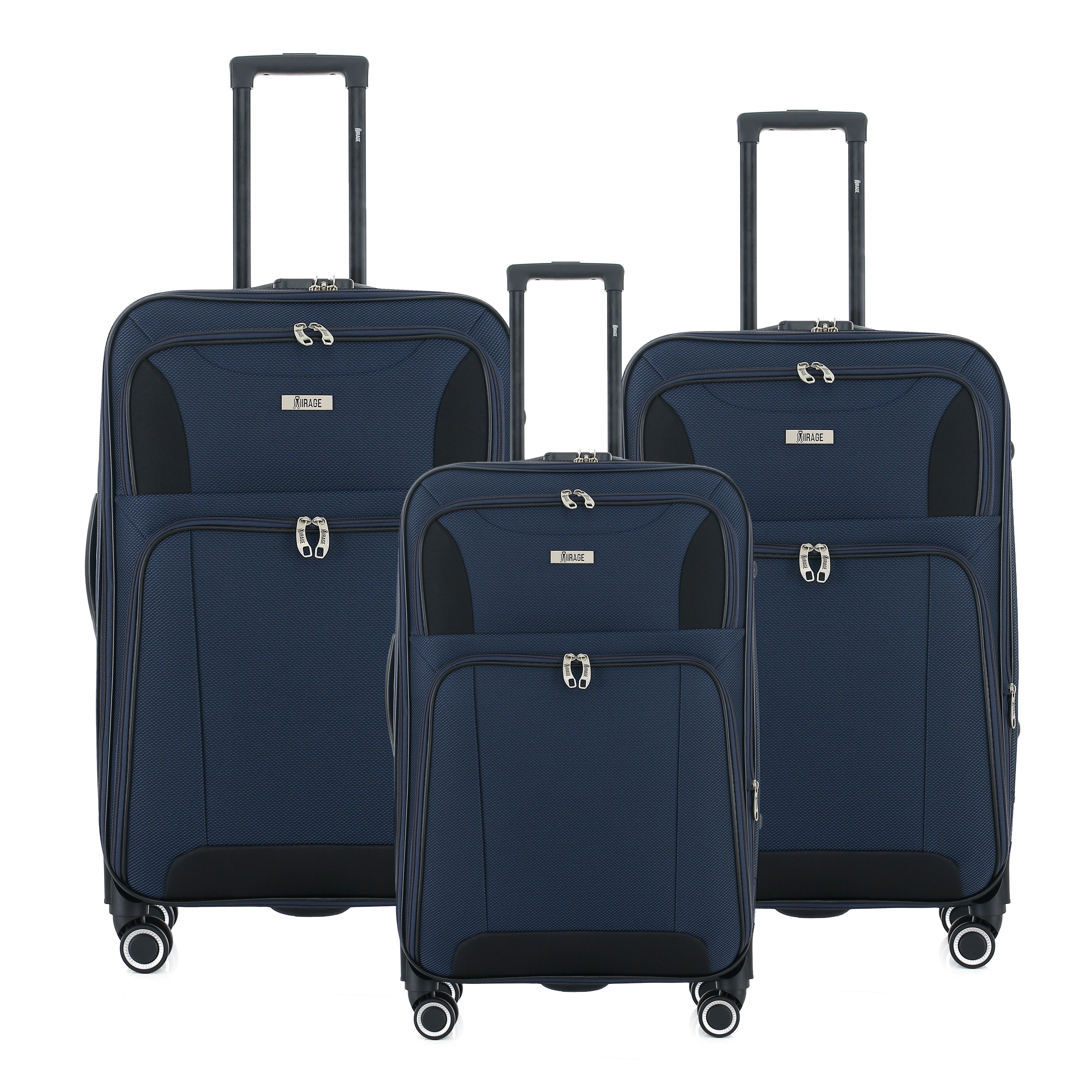 Set of three navy blue suitcases with wheels on a white background