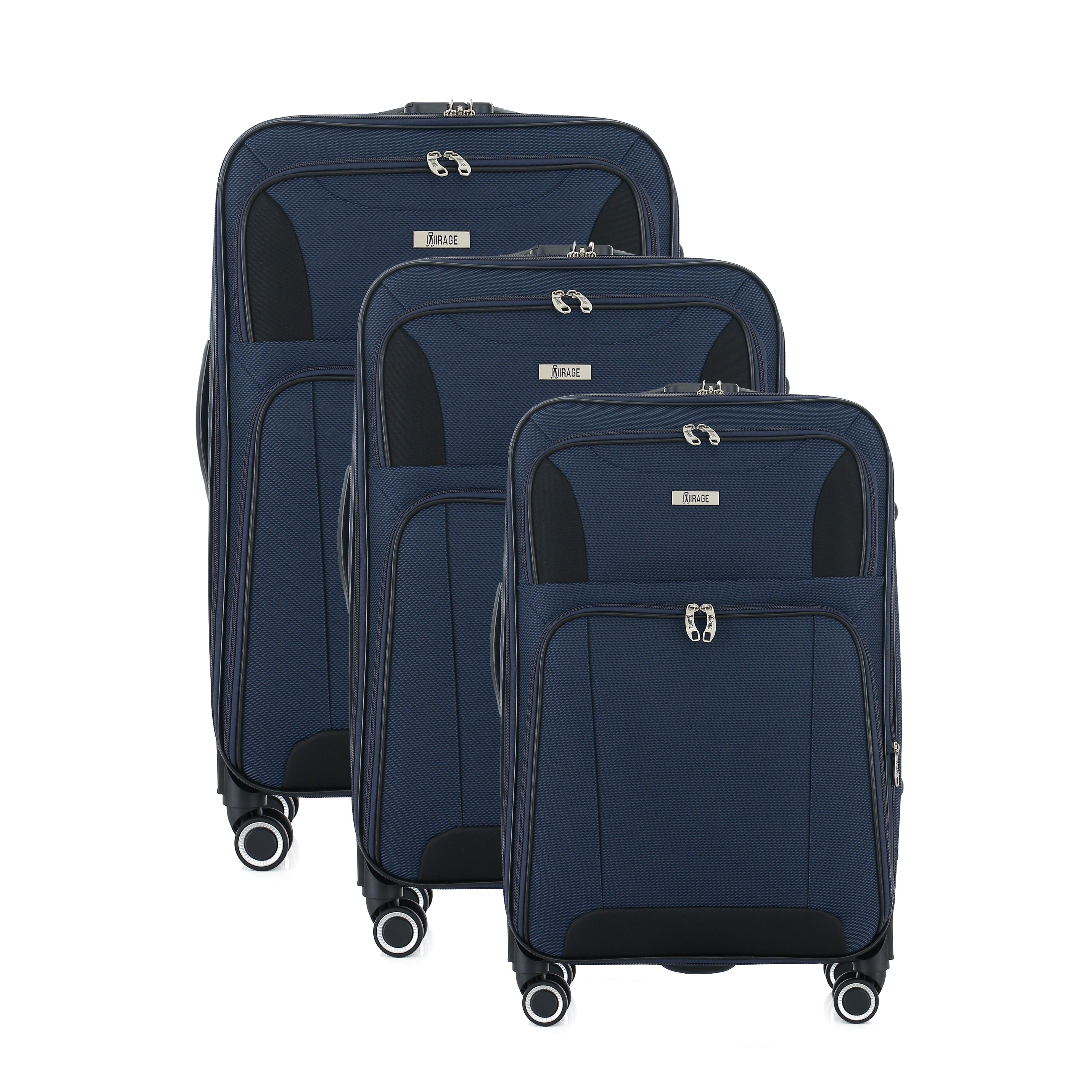 Set of three navy blue suitcases of different sizes on a white background