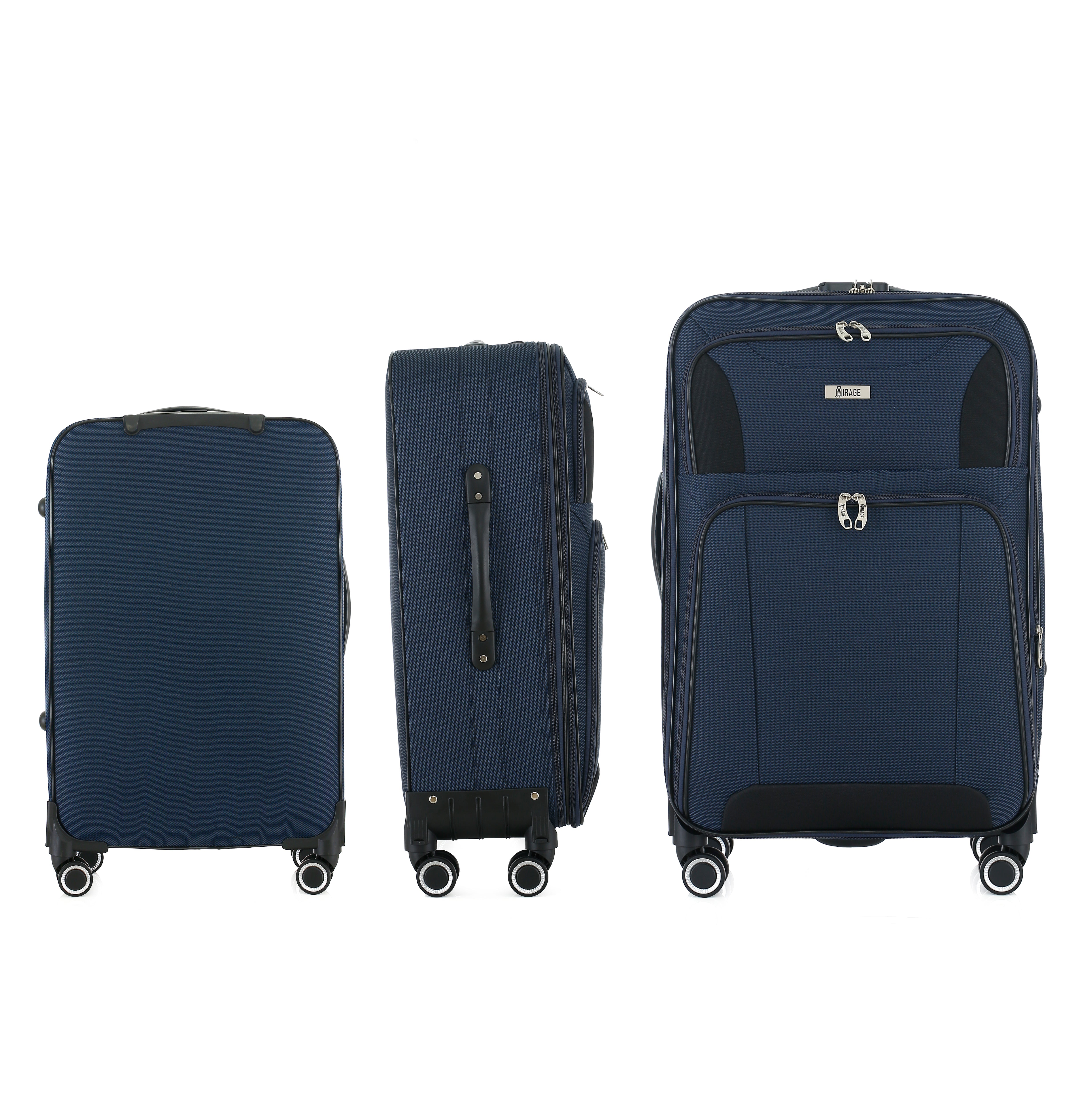 Set of three navy blue suitcases of different sizes on a white background