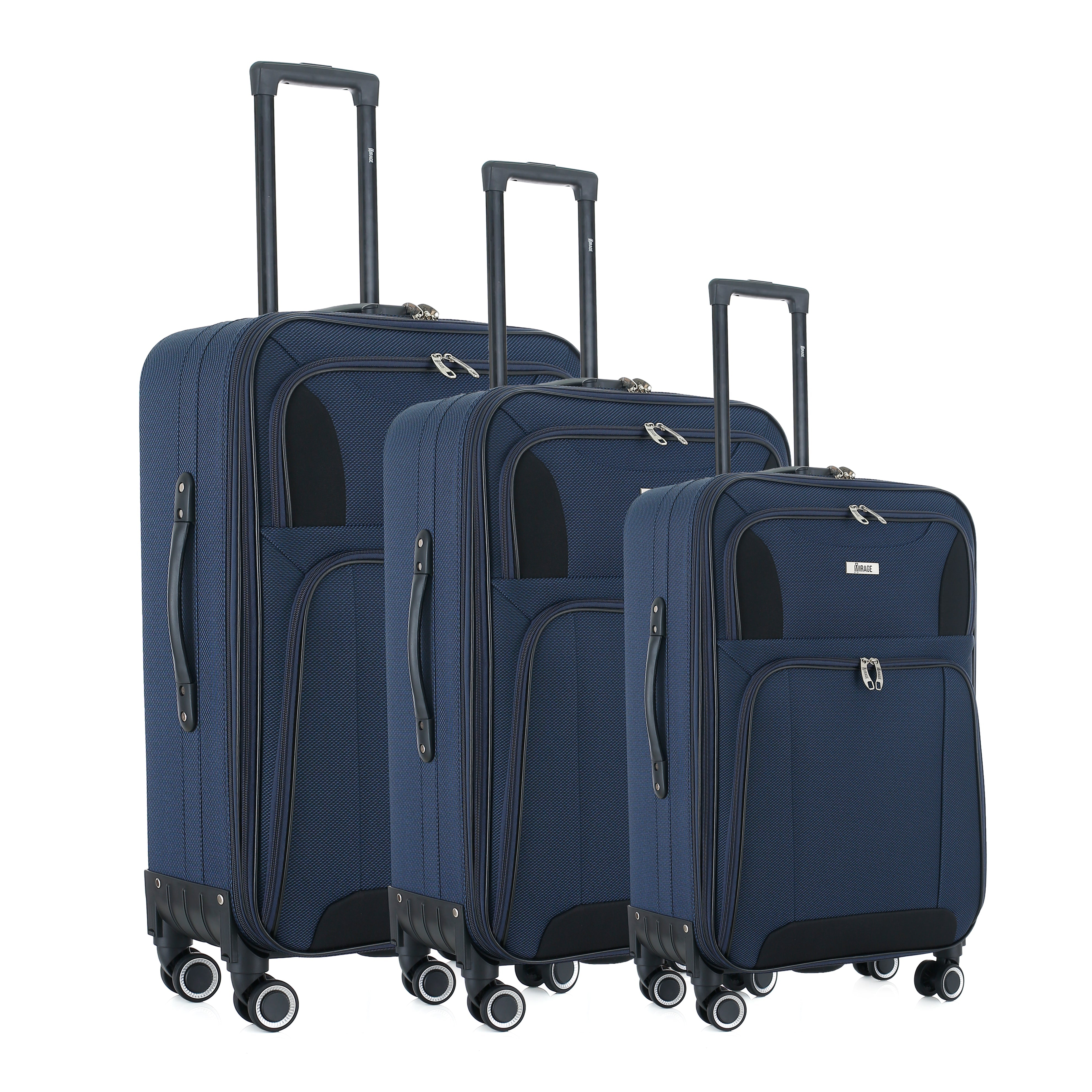 Three navy blue suitcases of different sizes on a white background