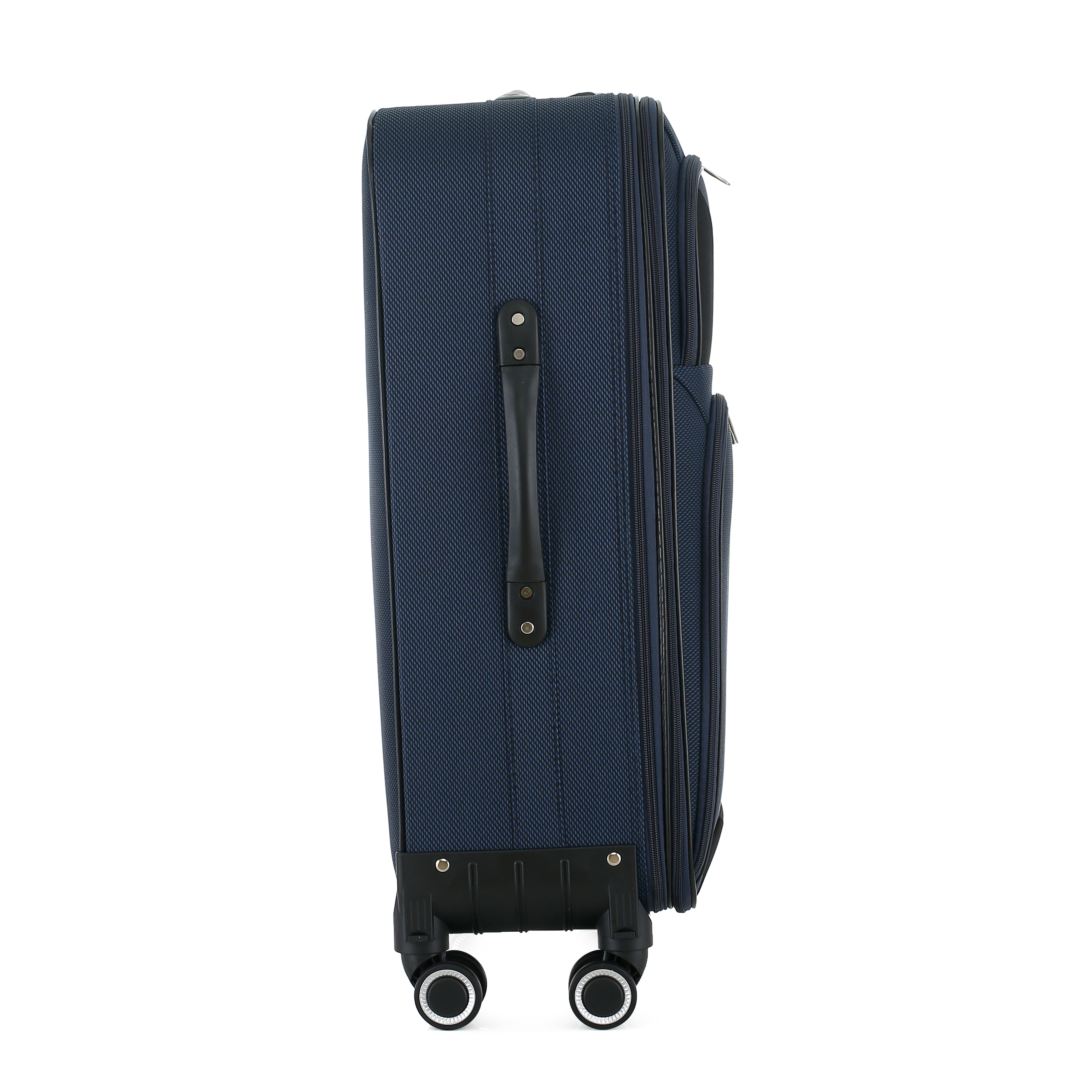 Blue suitcase with wheels on a white background