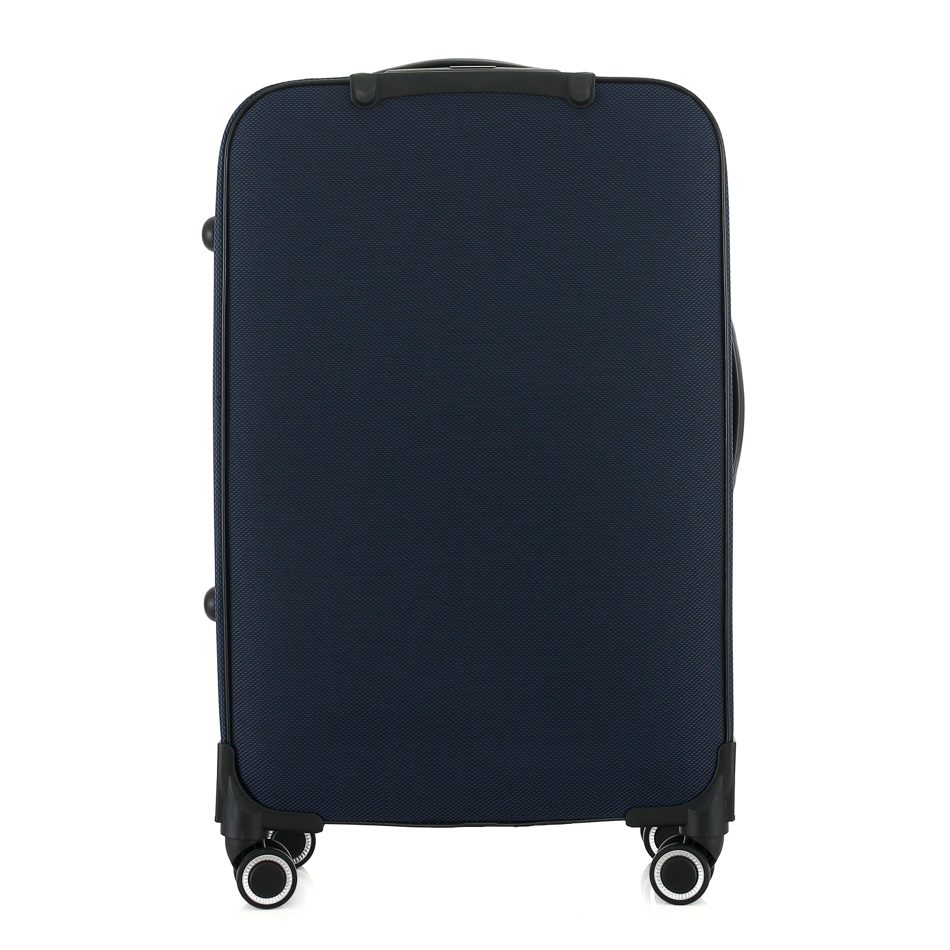 Navy blue suitcase with wheels on a white background