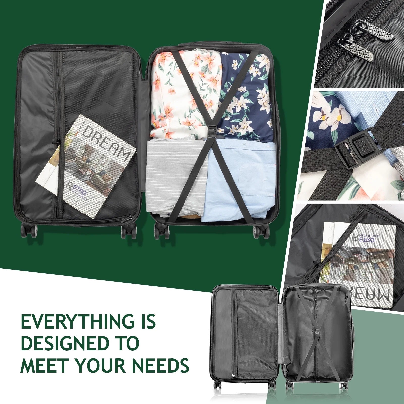 Black suitcase with open compartments showing packed clothes and a magazine, on a green background.