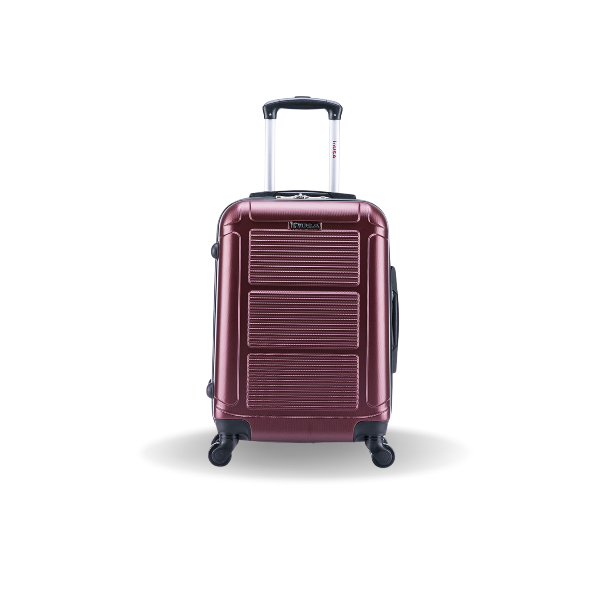 Red suitcase with wheels on a white background