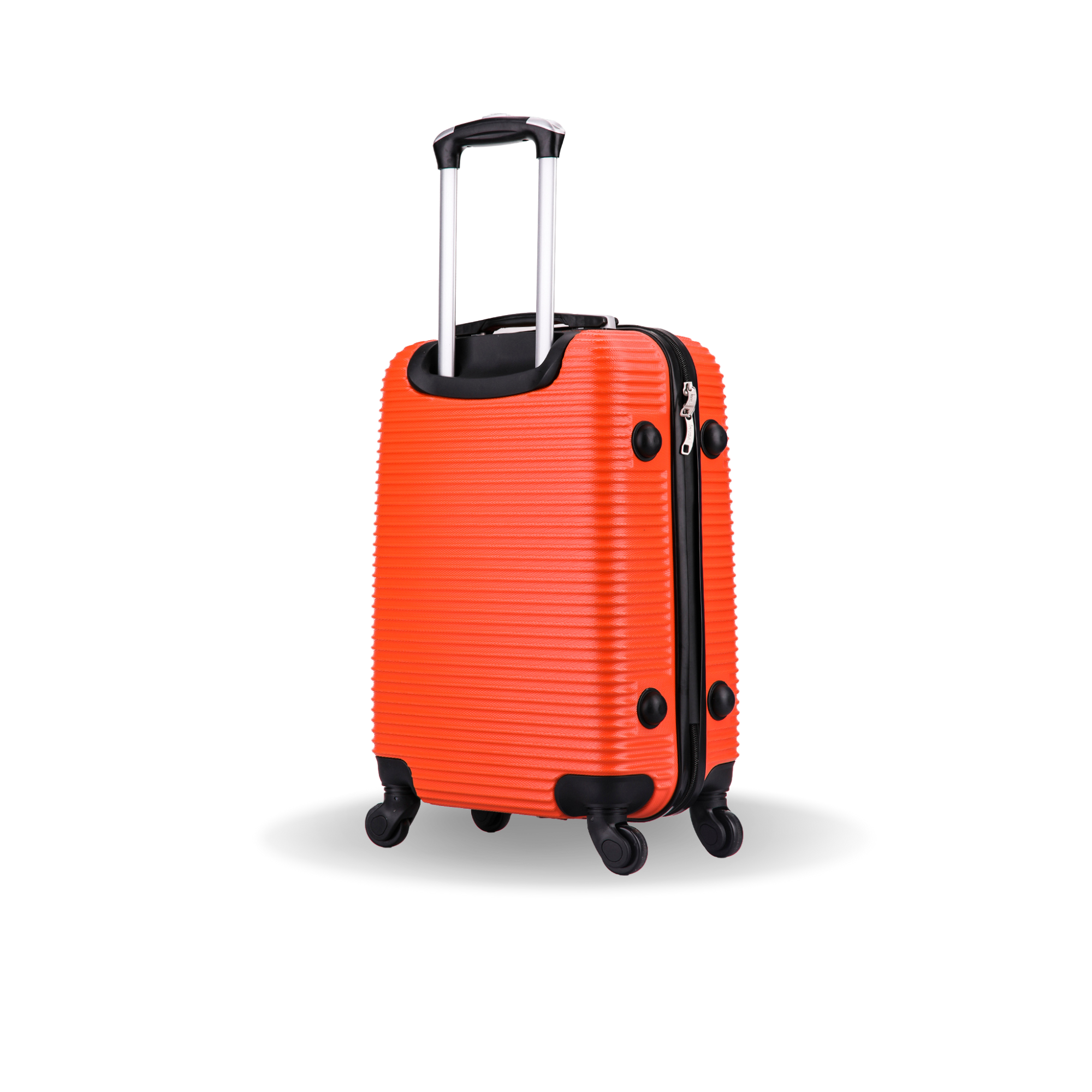 Orange suitcase with black accents on a white background