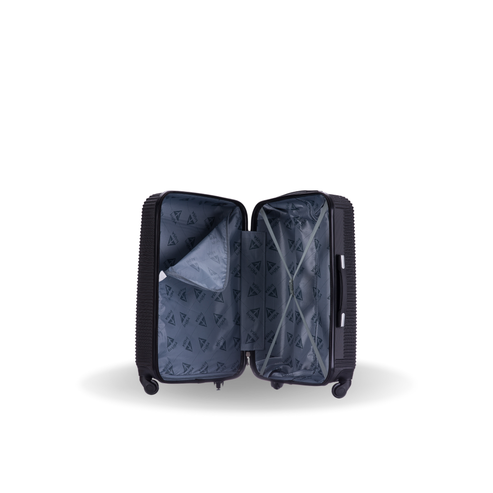 Open black suitcase with geometric interior design on a white background