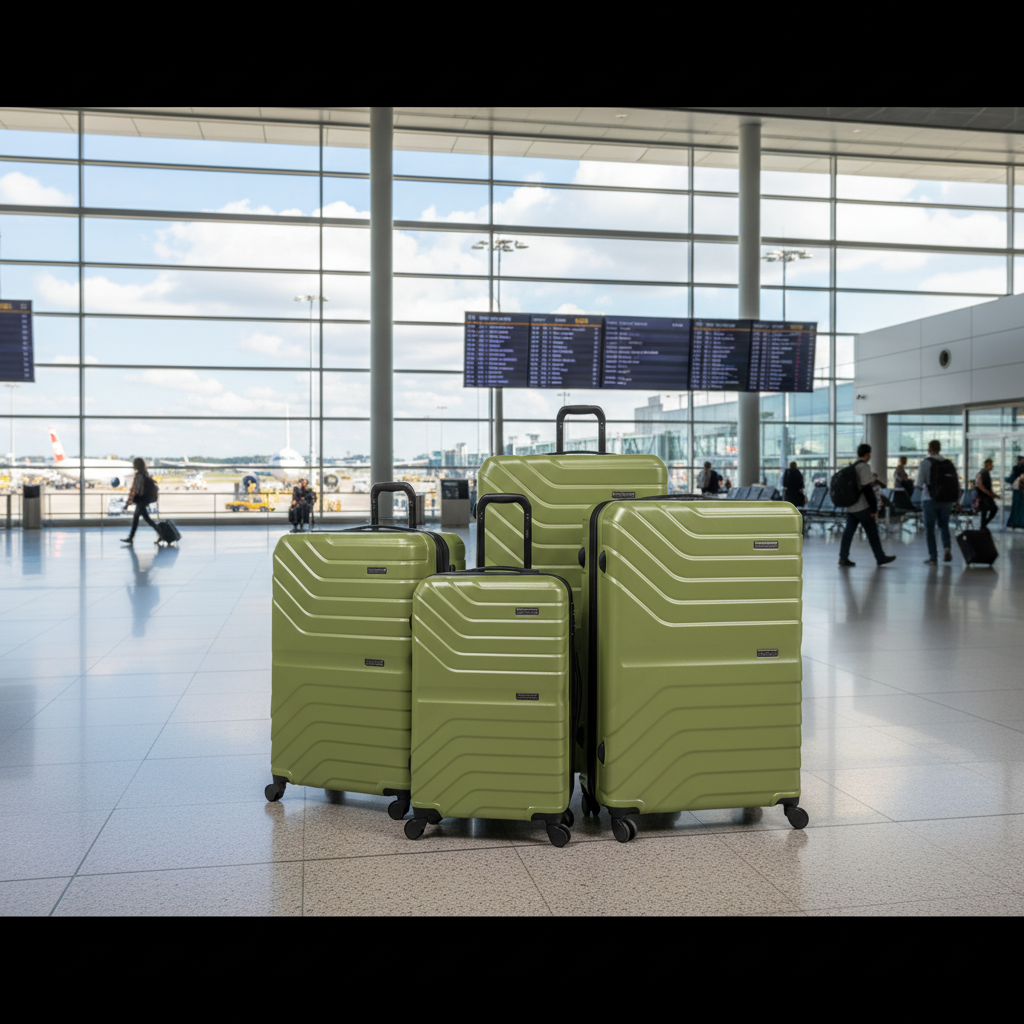 Set of four green suitcases of different sizes on a white background