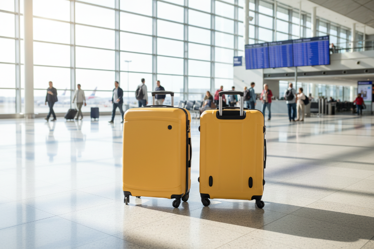 Two yellow suitcases with black handles and wheels on a white background