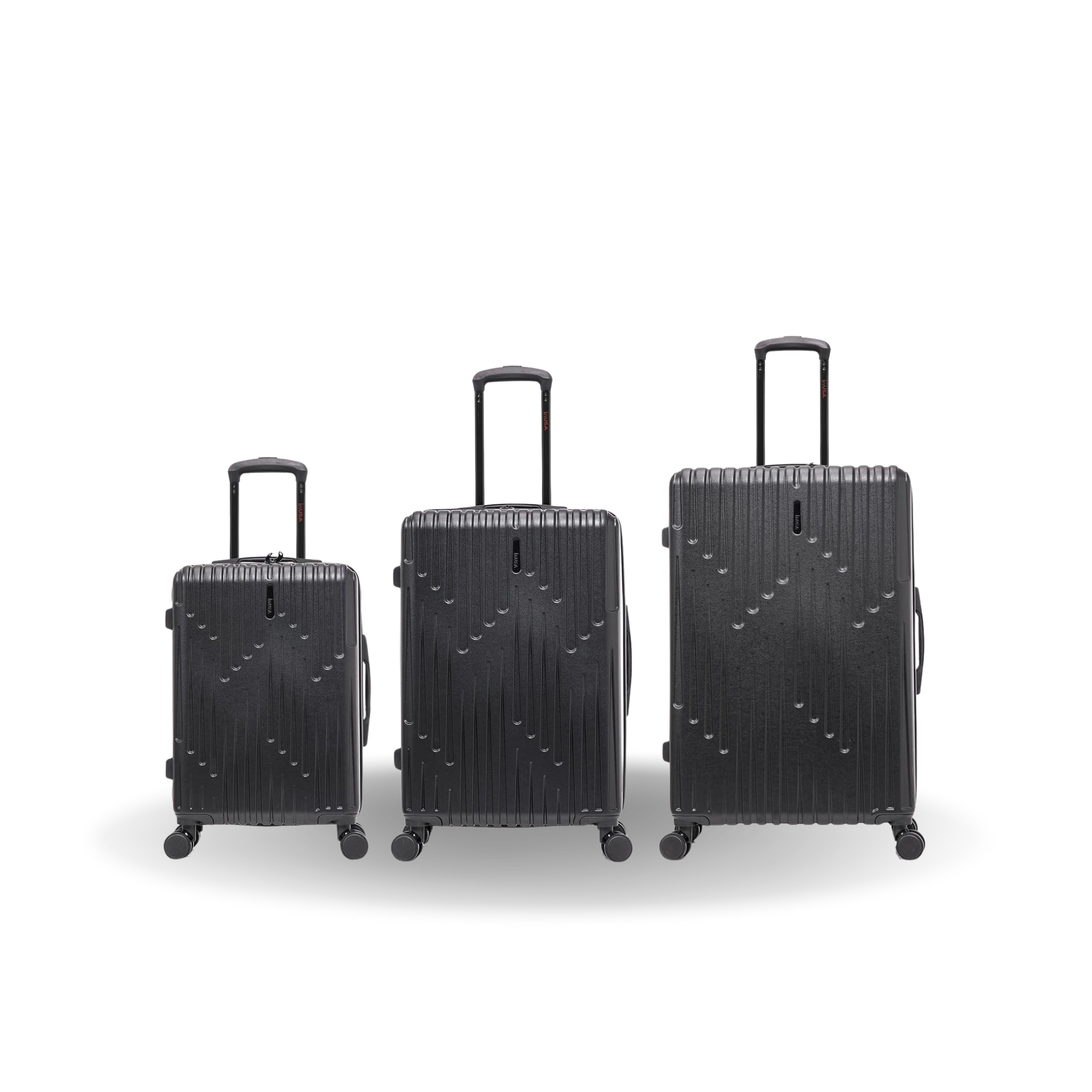 Three black suitcases of different sizes on a white background