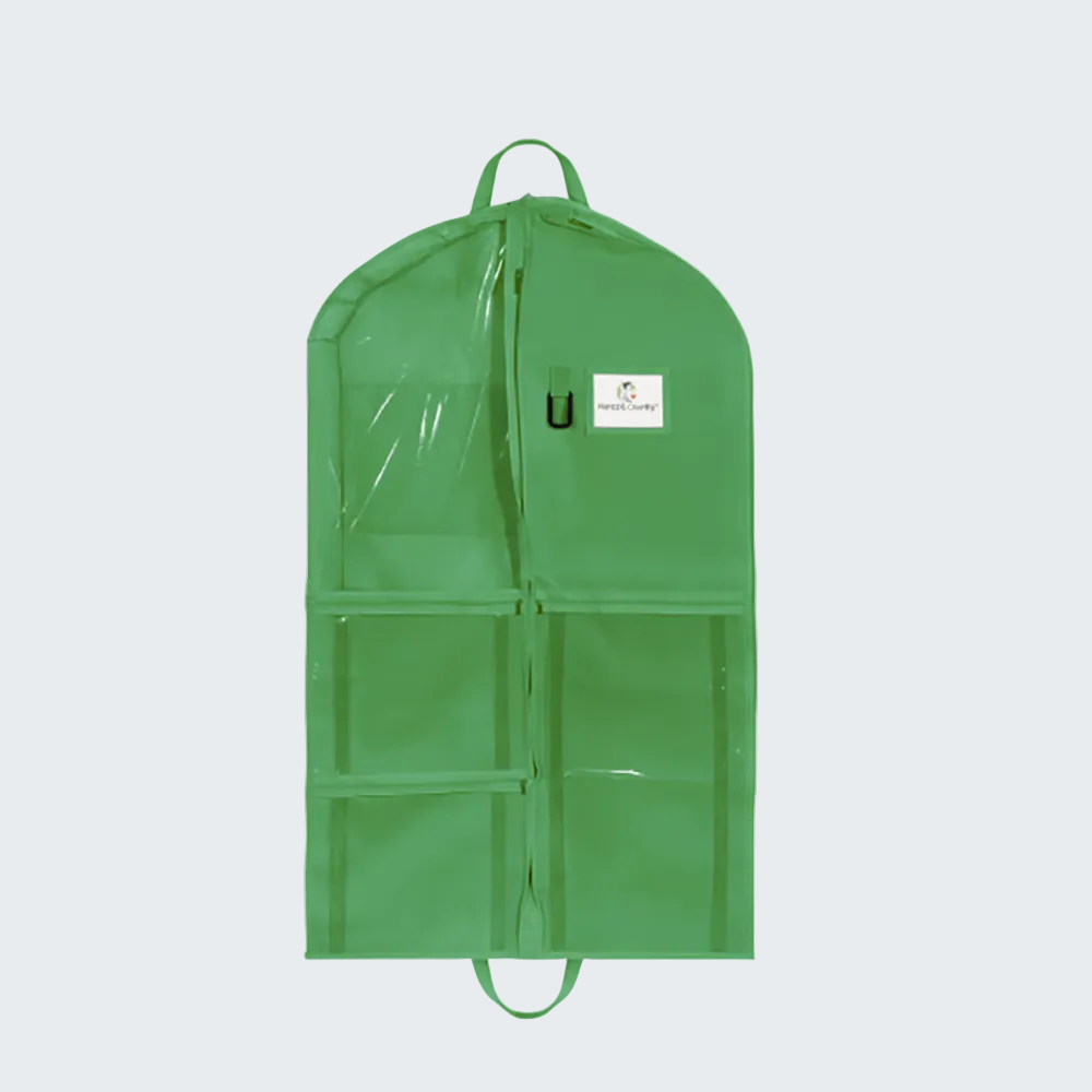 A green waterproof garment bag with a transparent front panel, multiple zippered pockets, and a small white brand label reading 'Waterproof Care'.