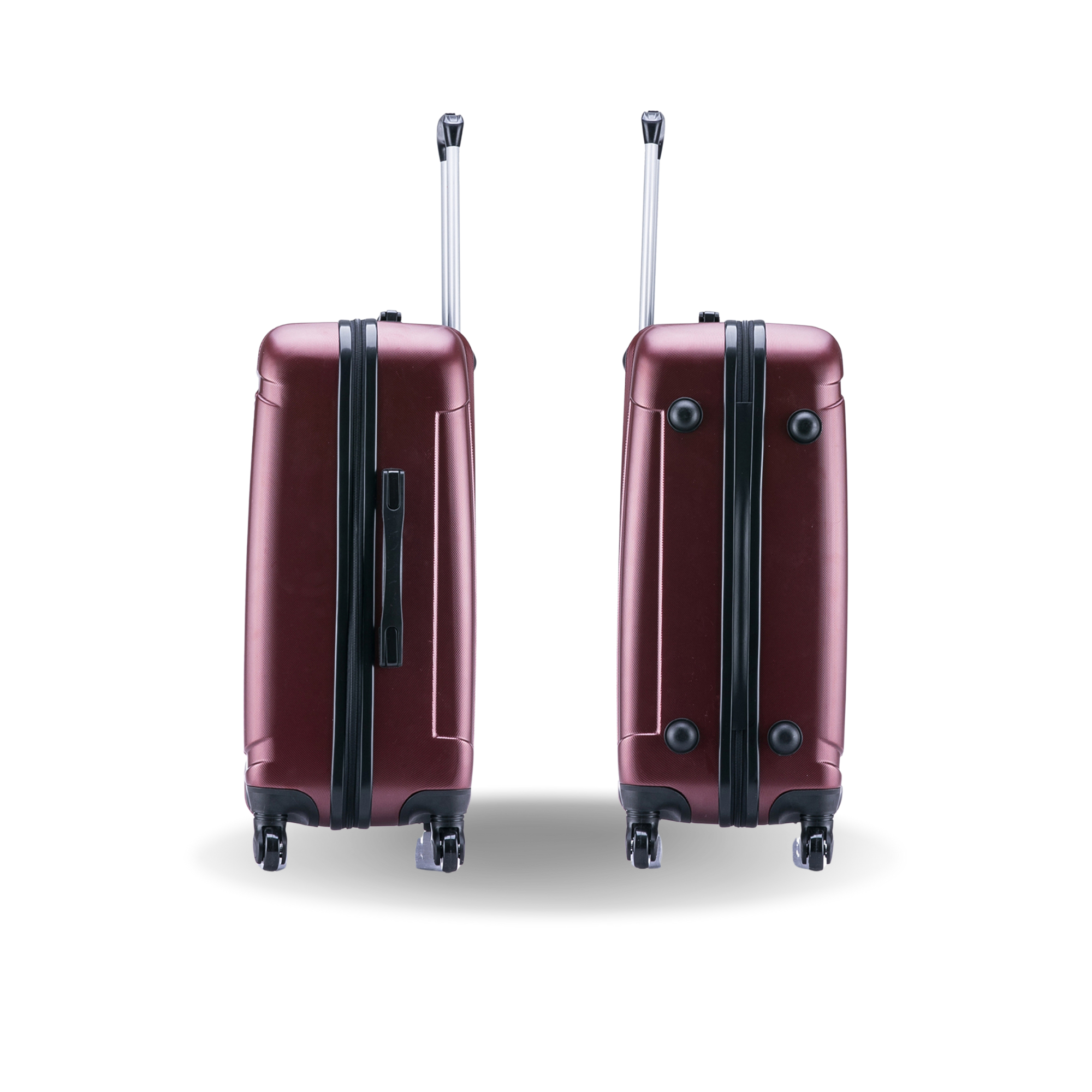 Two maroon suitcases with black handles and wheels on a white background