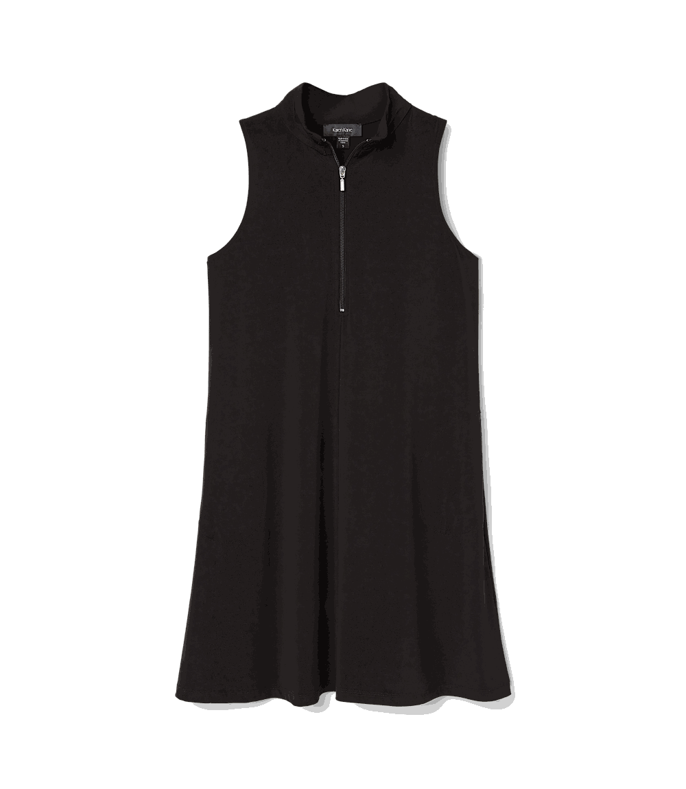 A sleeveless black dress with a mock neck and a short front zipper, shown against a solid black background.