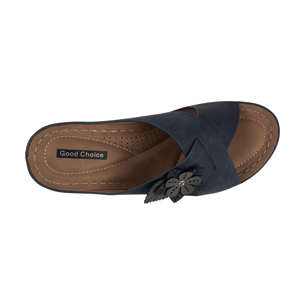 Navy sandal with a decorative flower on a white background