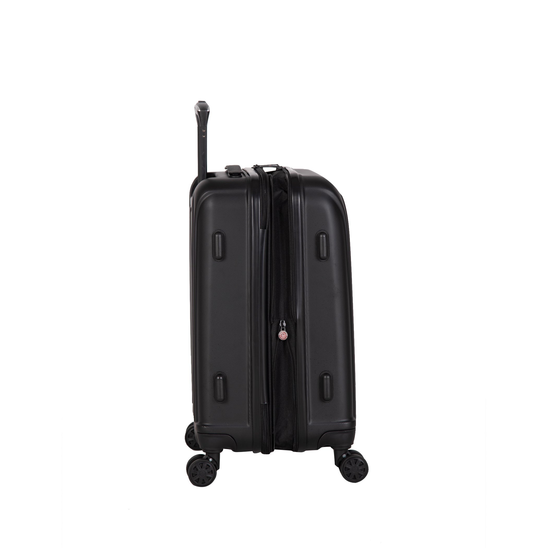Black suitcase with wheels on a white background