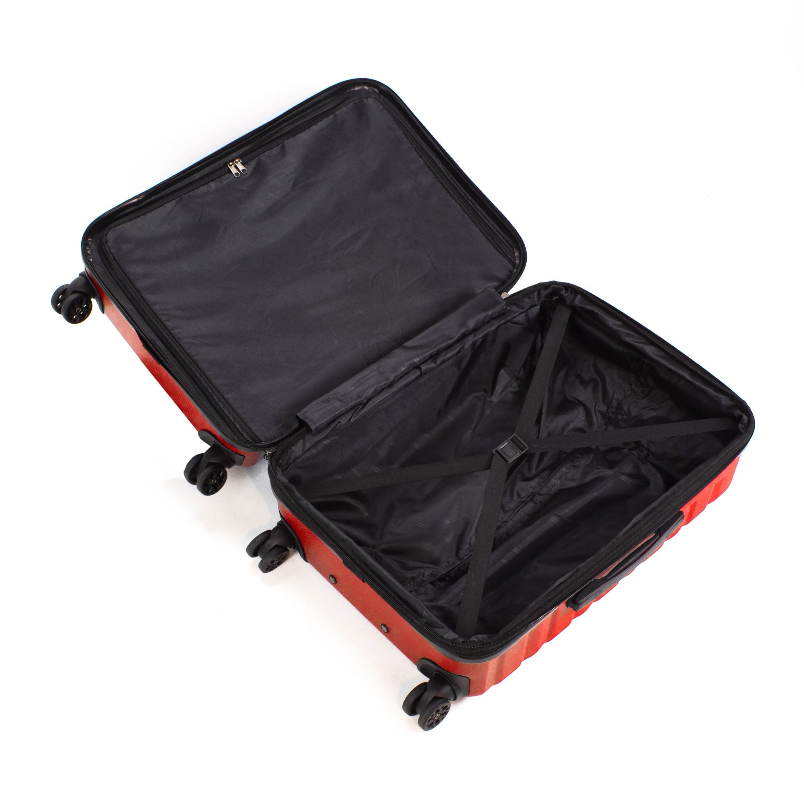 Red suitcase with open lid on a white background