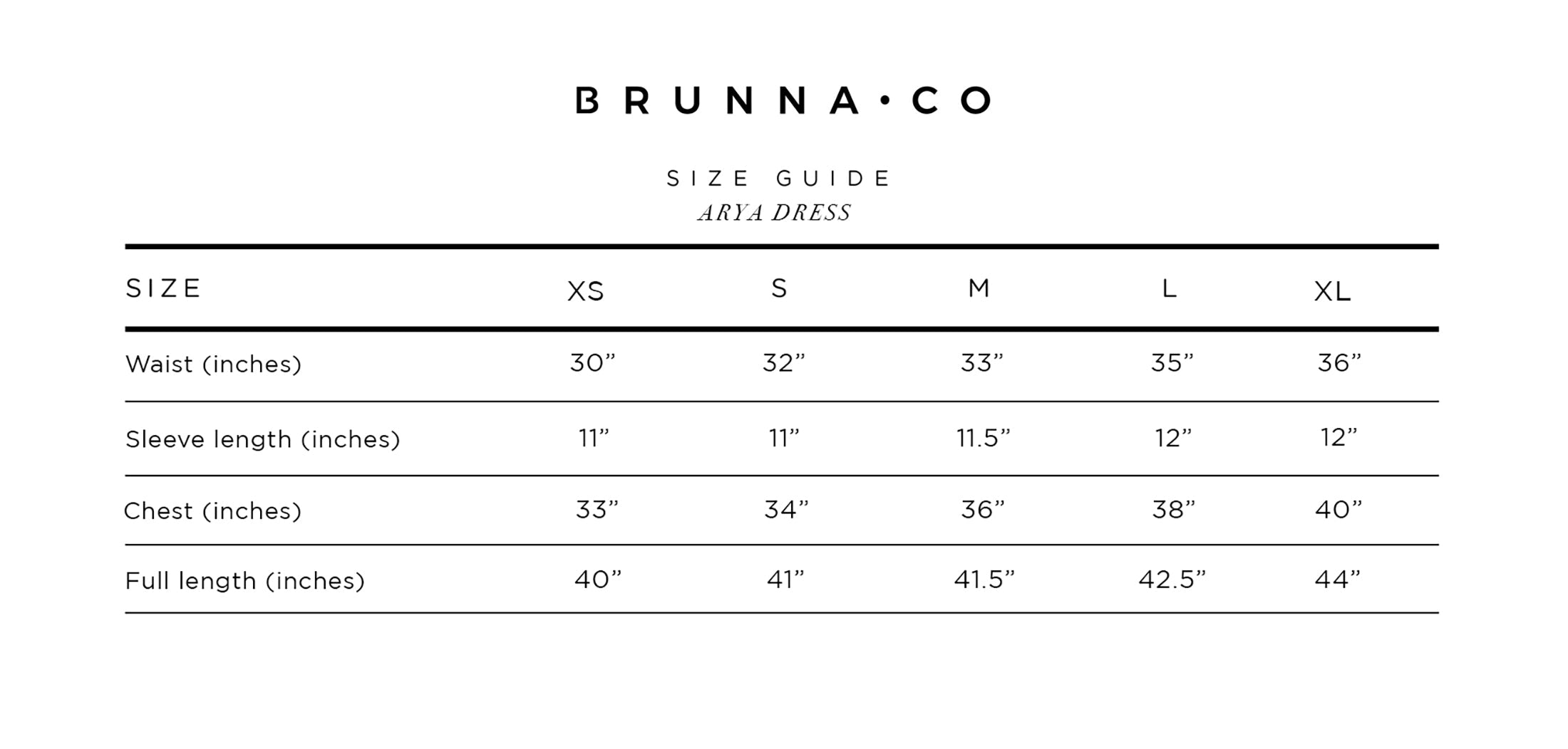 Brunna & Co. size guide for a dress with measurements in inches.