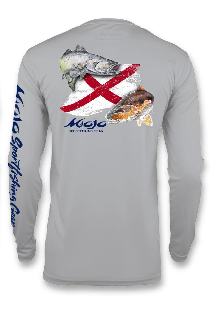 Gray long-sleeve shirt with fish graphic and 'Mojo' branding on a white background