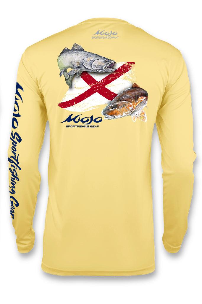 Yellow long-sleeve shirt with fish graphics and 'Mojo' branding on a white background