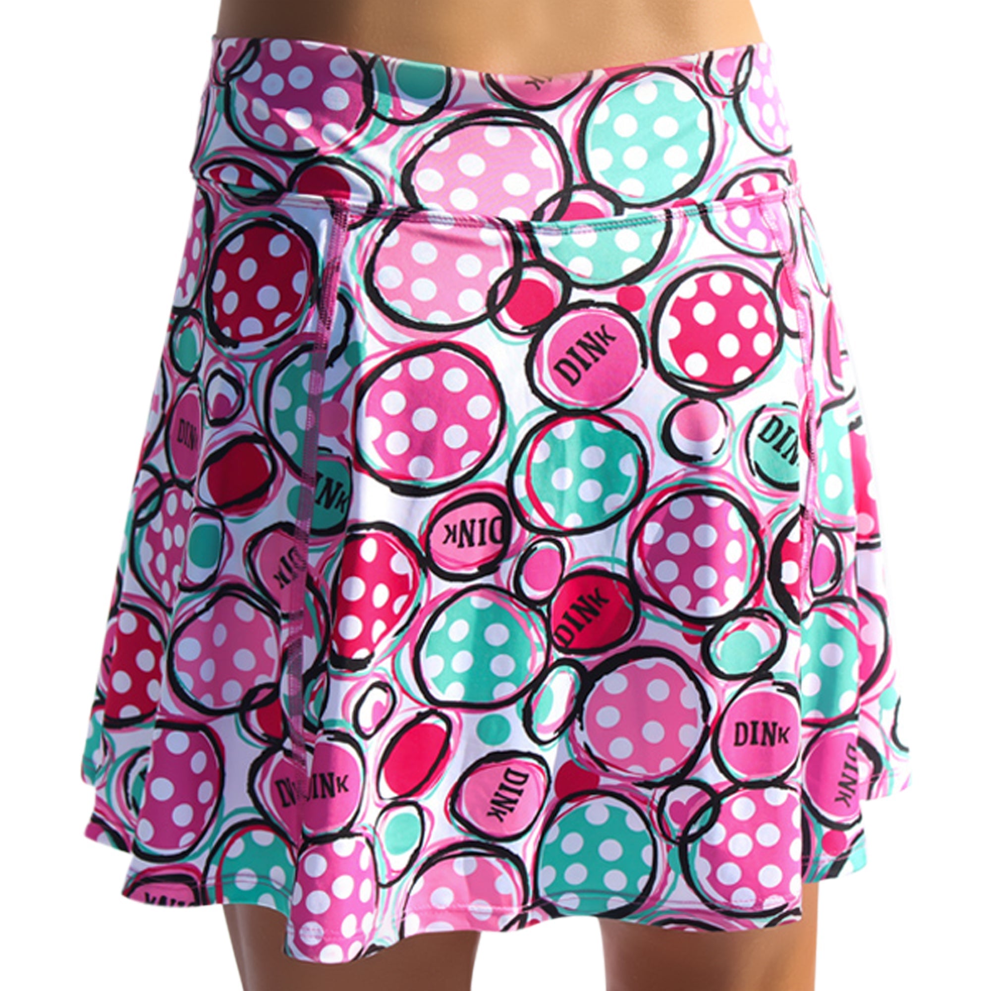 Polka dot patterned skirt with 'Dink' text on a white background