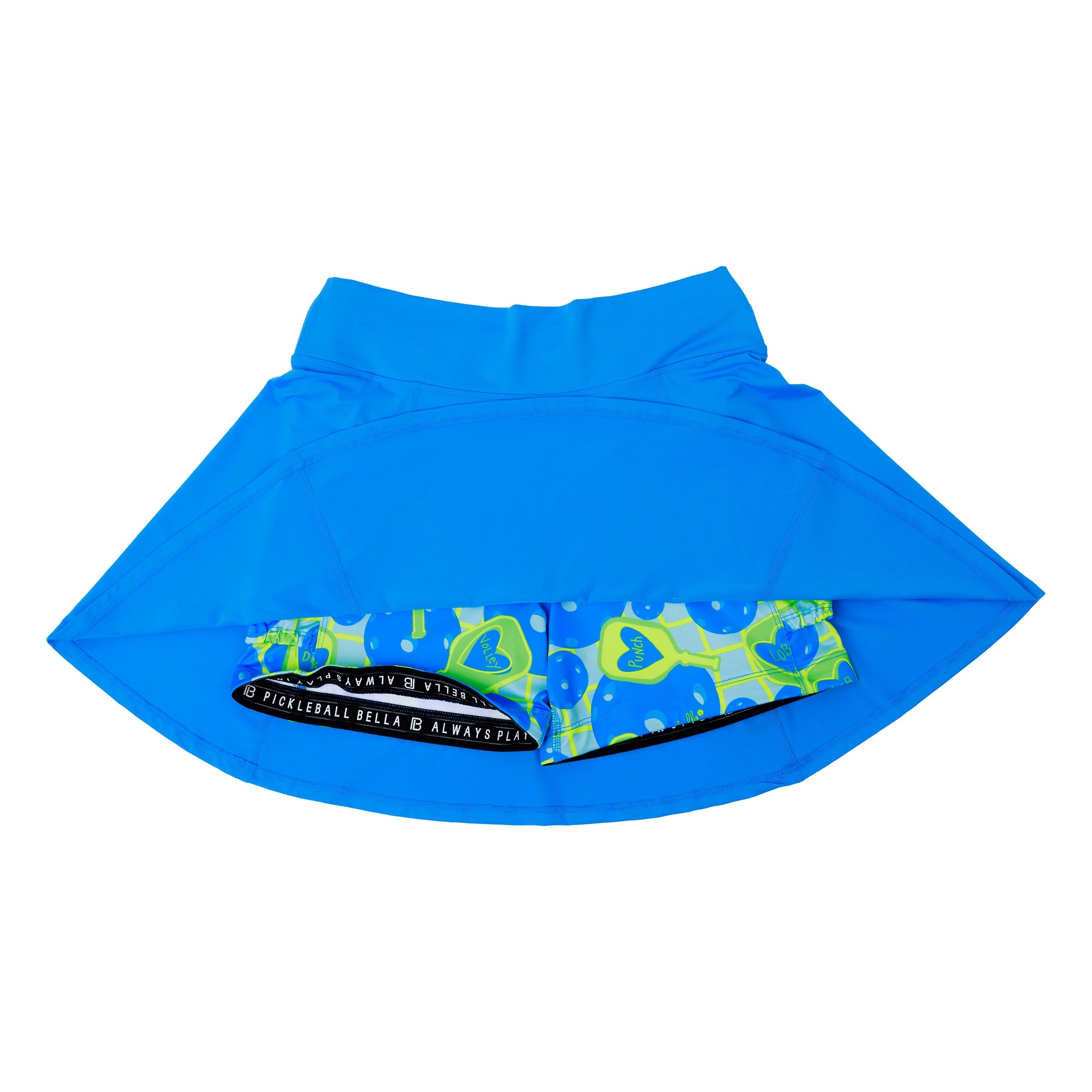 Blue pickleball skirt with patterned waistband on a white background