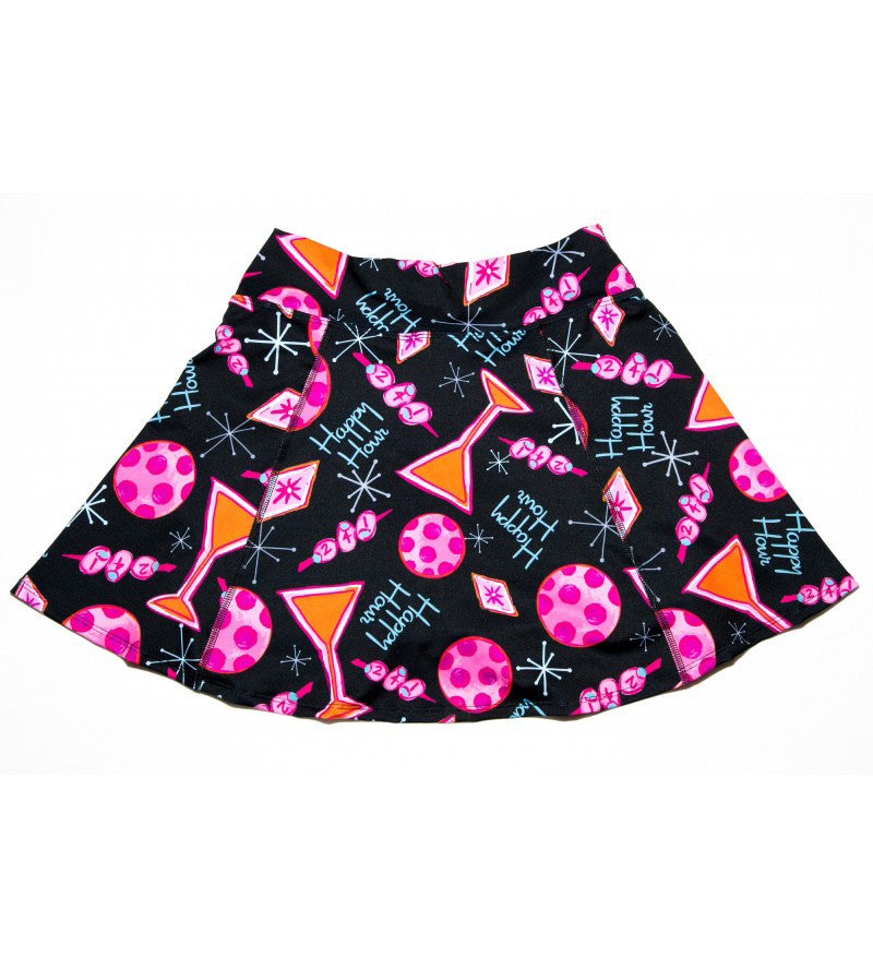 Skirt with retro-themed pattern on a white background