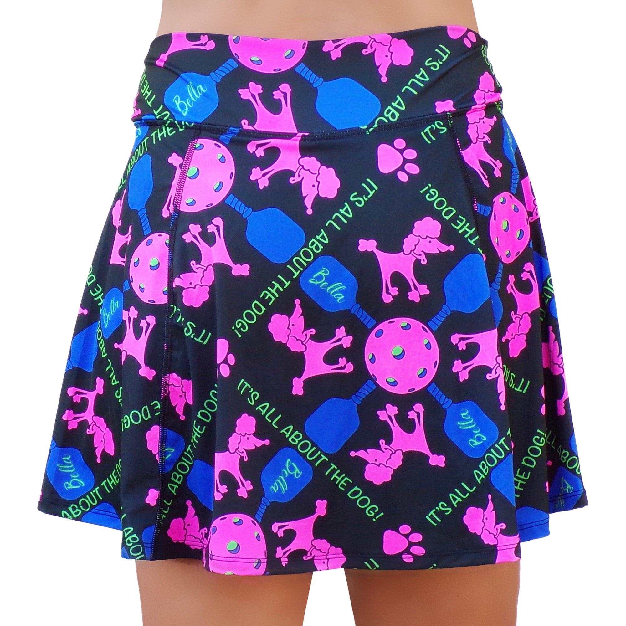 Skirt with colorful dog pattern on a black background