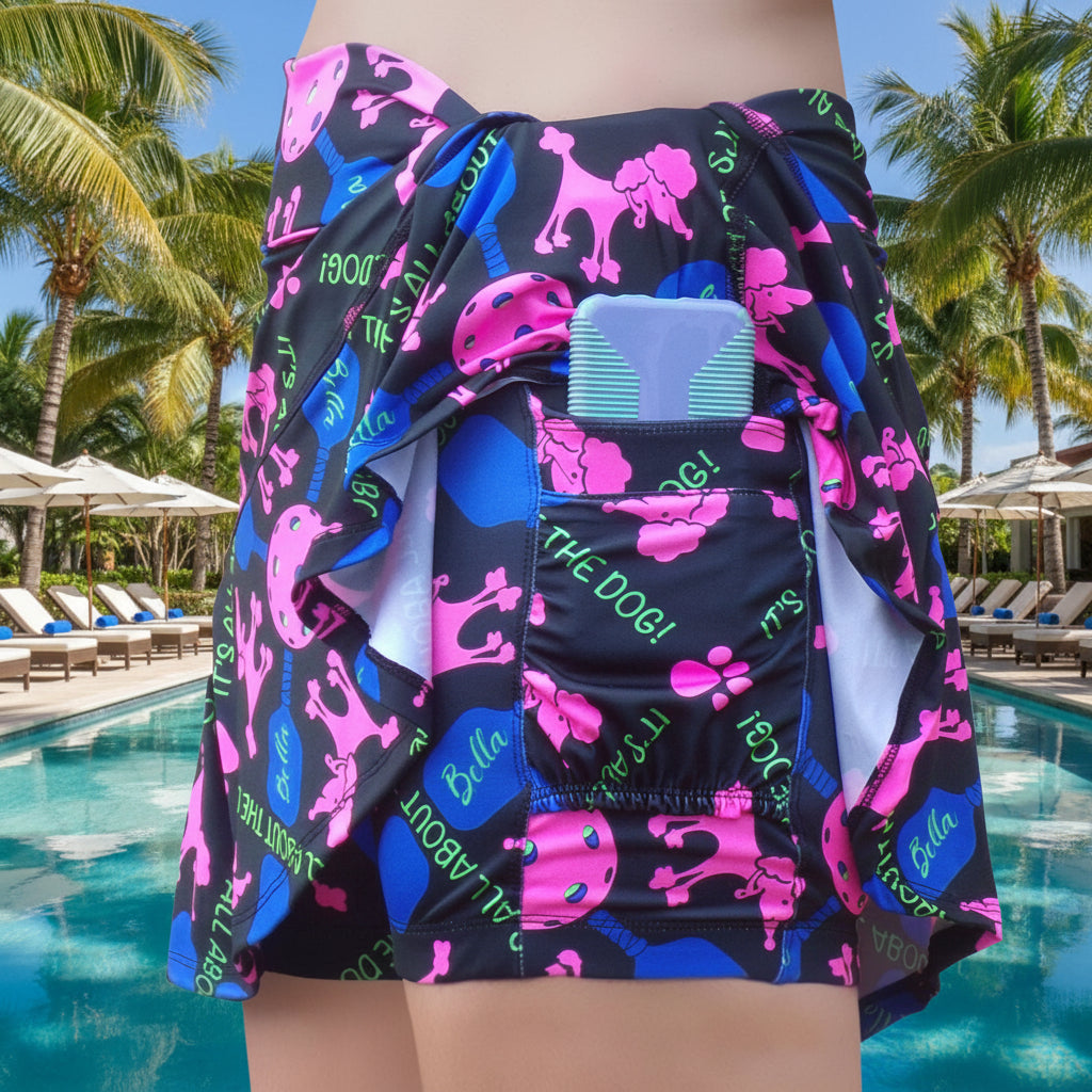 Shorts with colorful dog pattern on a white background
