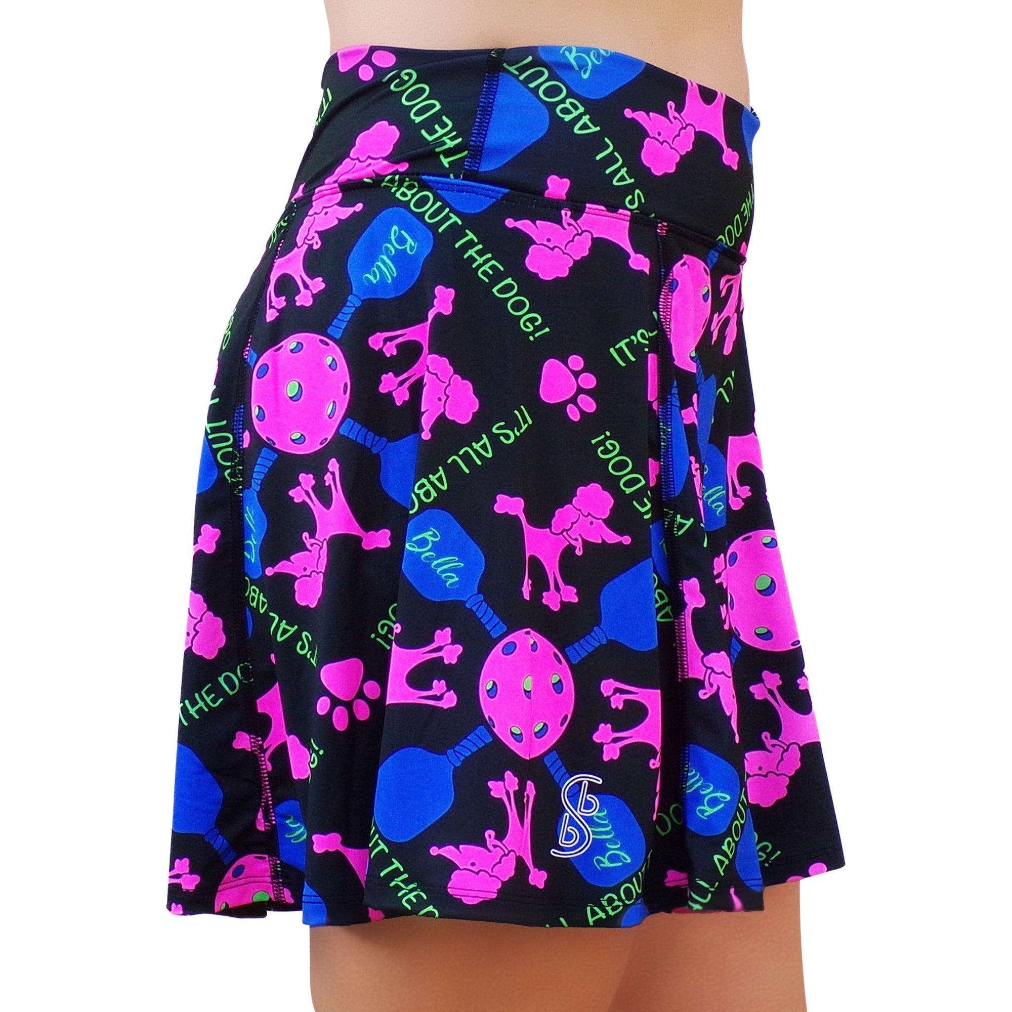 Skirt with colorful dog-themed pattern on a white background