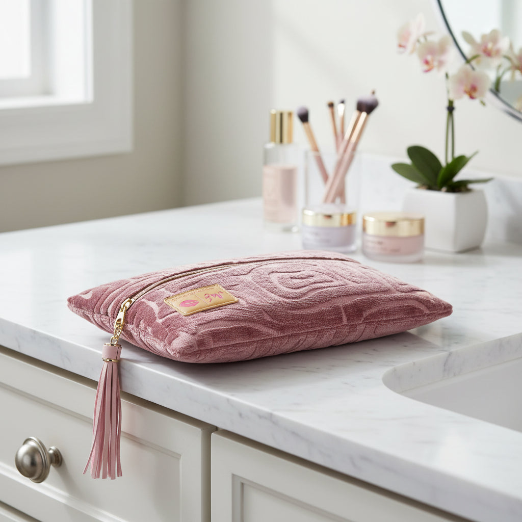 Pink patterned clutch bag with a visible brand label on a light gray background