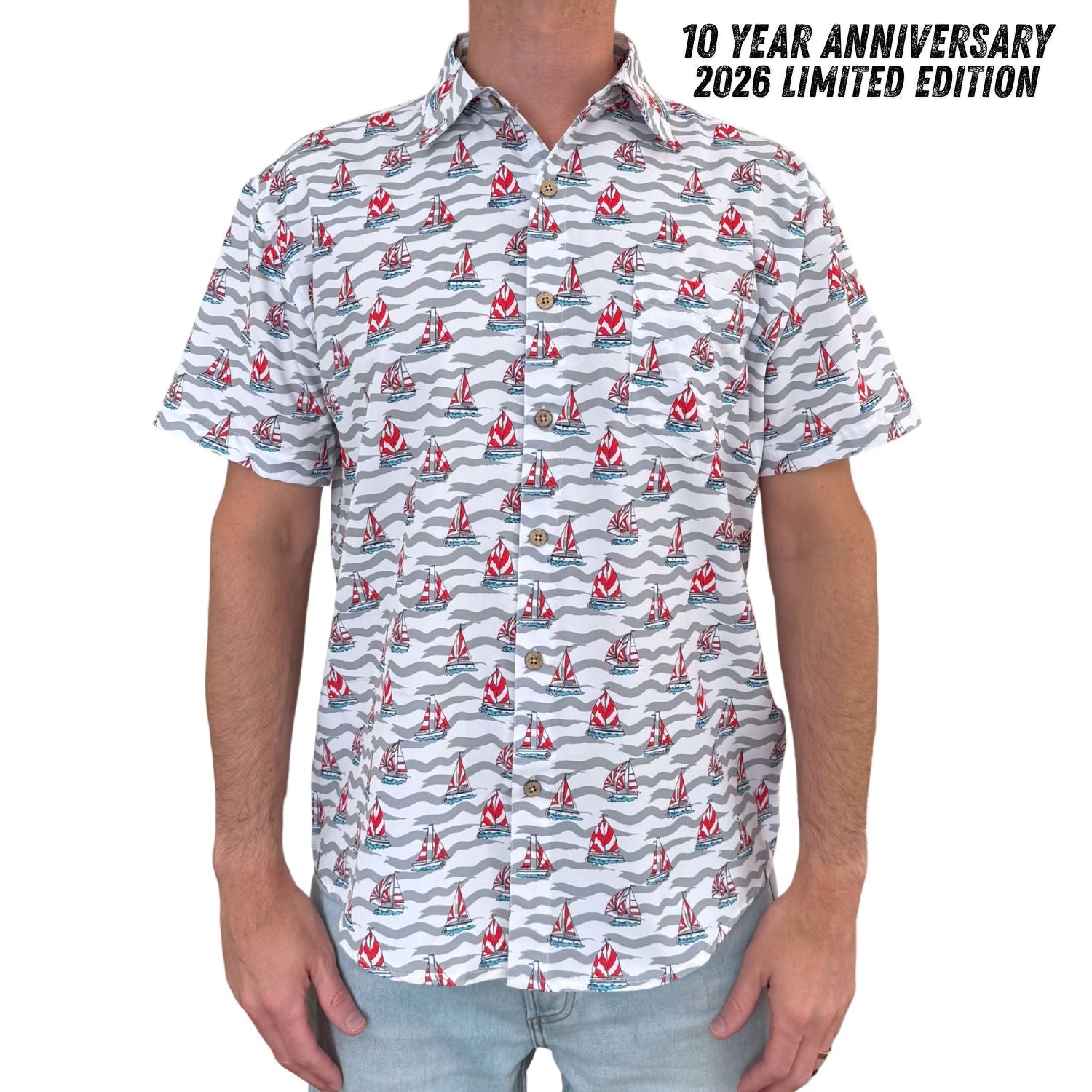 Person wearing a patterned shirt with a 10 Year Anniversary 2026 Limited Edition label.