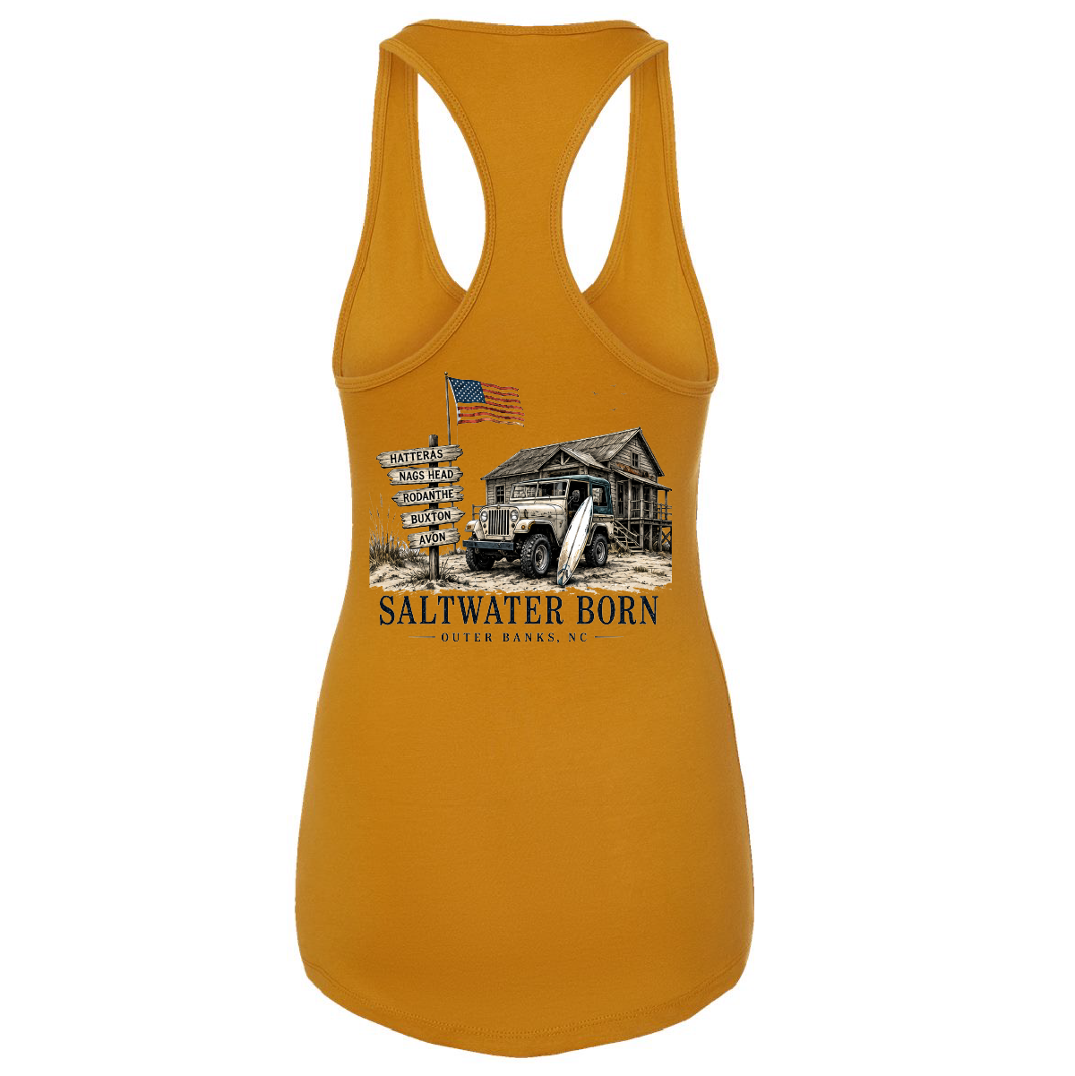 A mustard yellow racerback tank top featuring a vintage-style graphic on the front with a truck, a rustic building, an American flag, and the text 'SALTWATER BORN' and 'GULF BANKS, NC'.